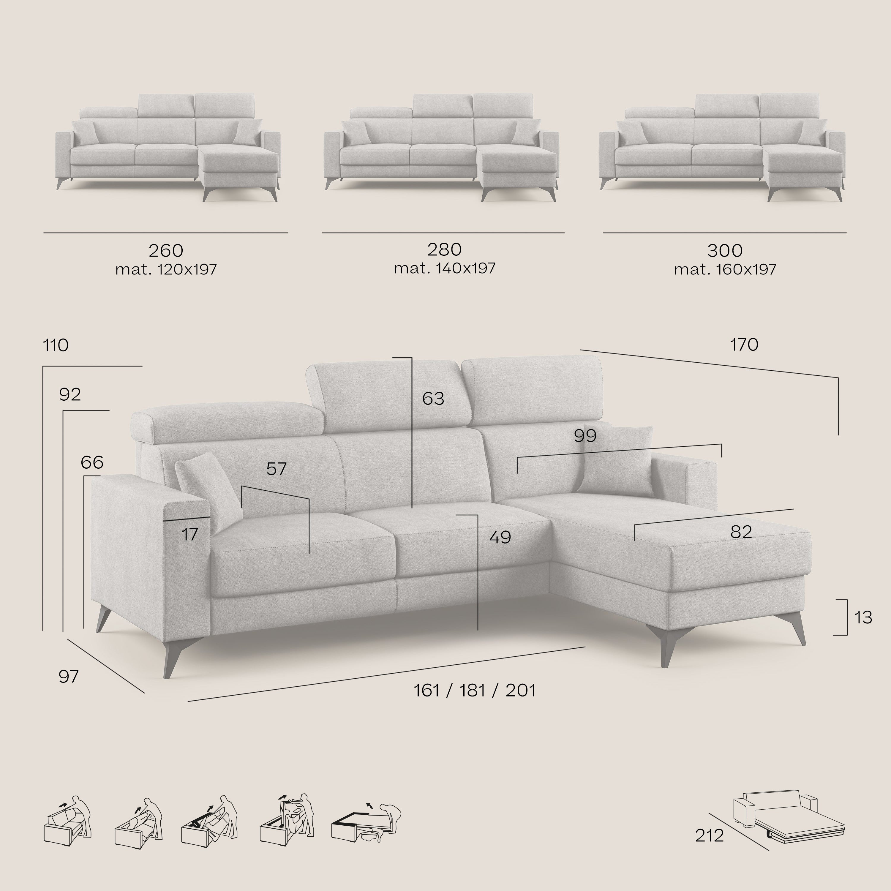 Pegaso divano letto angolare con poggiatesta reclinabili e rivestimento impermeabile T02 beige - divitt.sbs