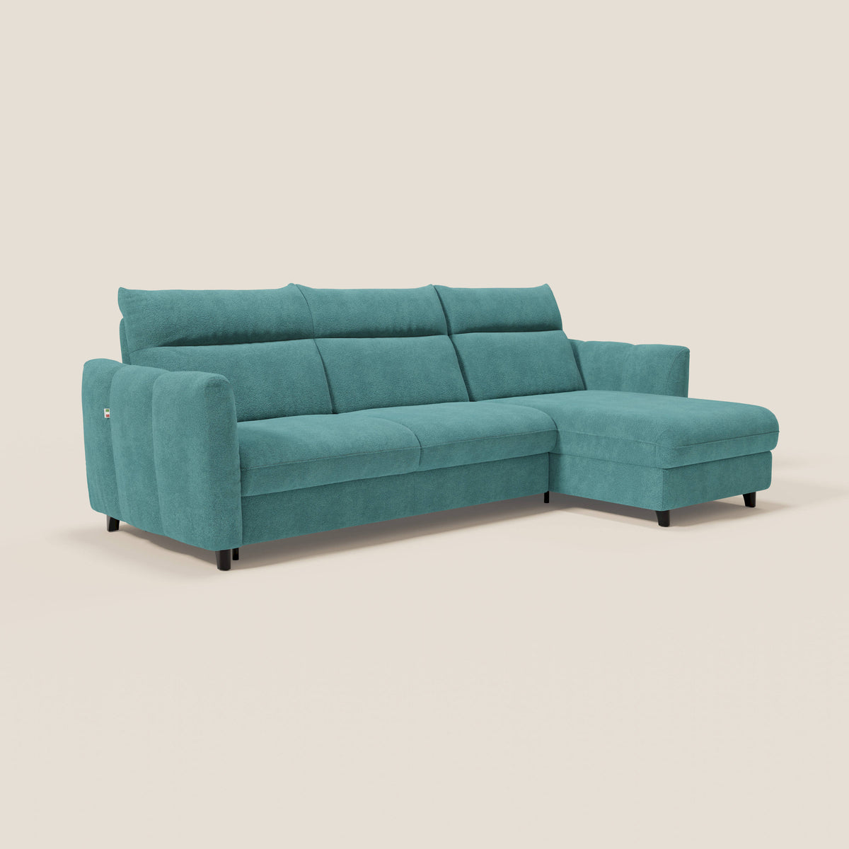Peonia divano letto angolare con Penisola Contenitore - Materasso H18 cm in Bouclé Impermeabile T07 azzurro - divitt.sbs