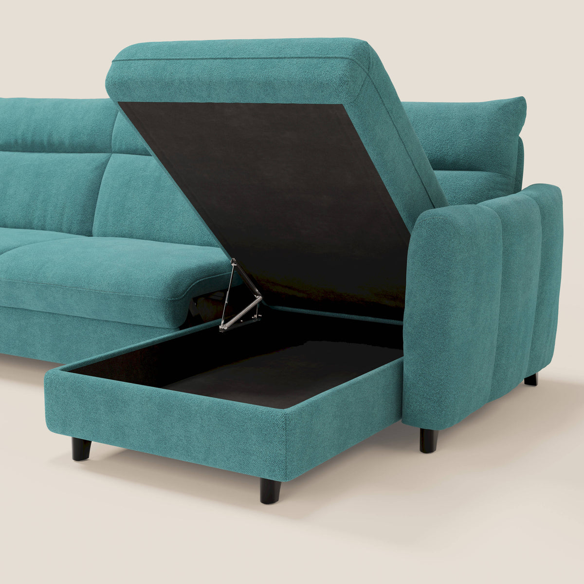 Peonia divano letto angolare con Penisola Contenitore - Materasso H18 cm in Bouclé Impermeabile T07 azzurro - divitt.sbs
