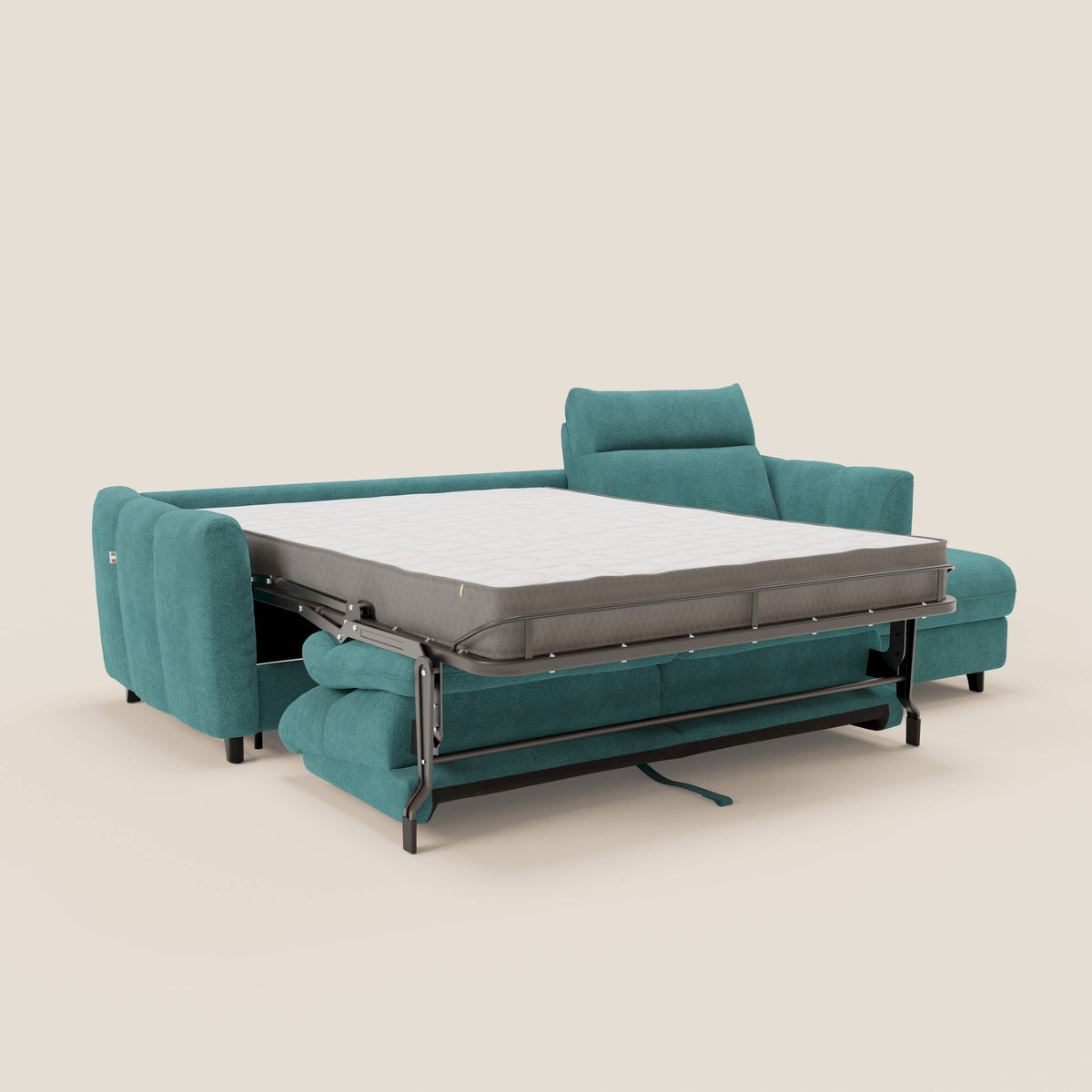 Peonia divano letto angolare con Penisola Contenitore - Materasso H18 cm in Bouclé Impermeabile T07 azzurro - divitt.sbs