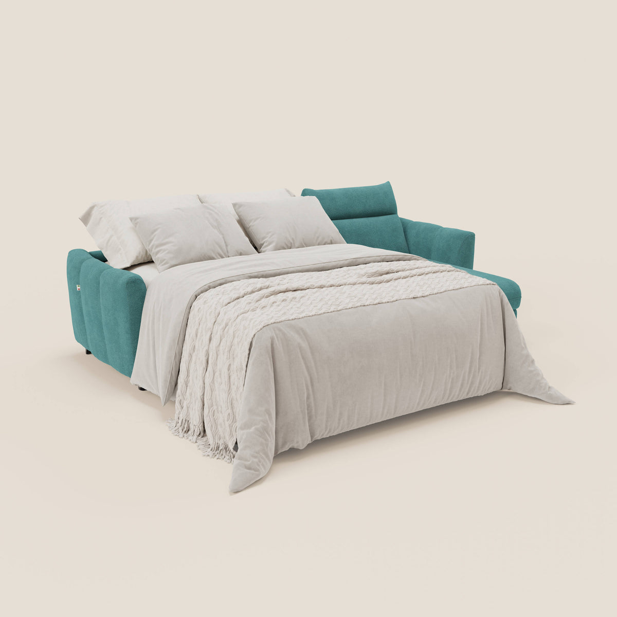 Peonia divano letto angolare con Penisola Contenitore - Materasso H18 cm in Bouclé Impermeabile T07 azzurro - divitt.sbs
