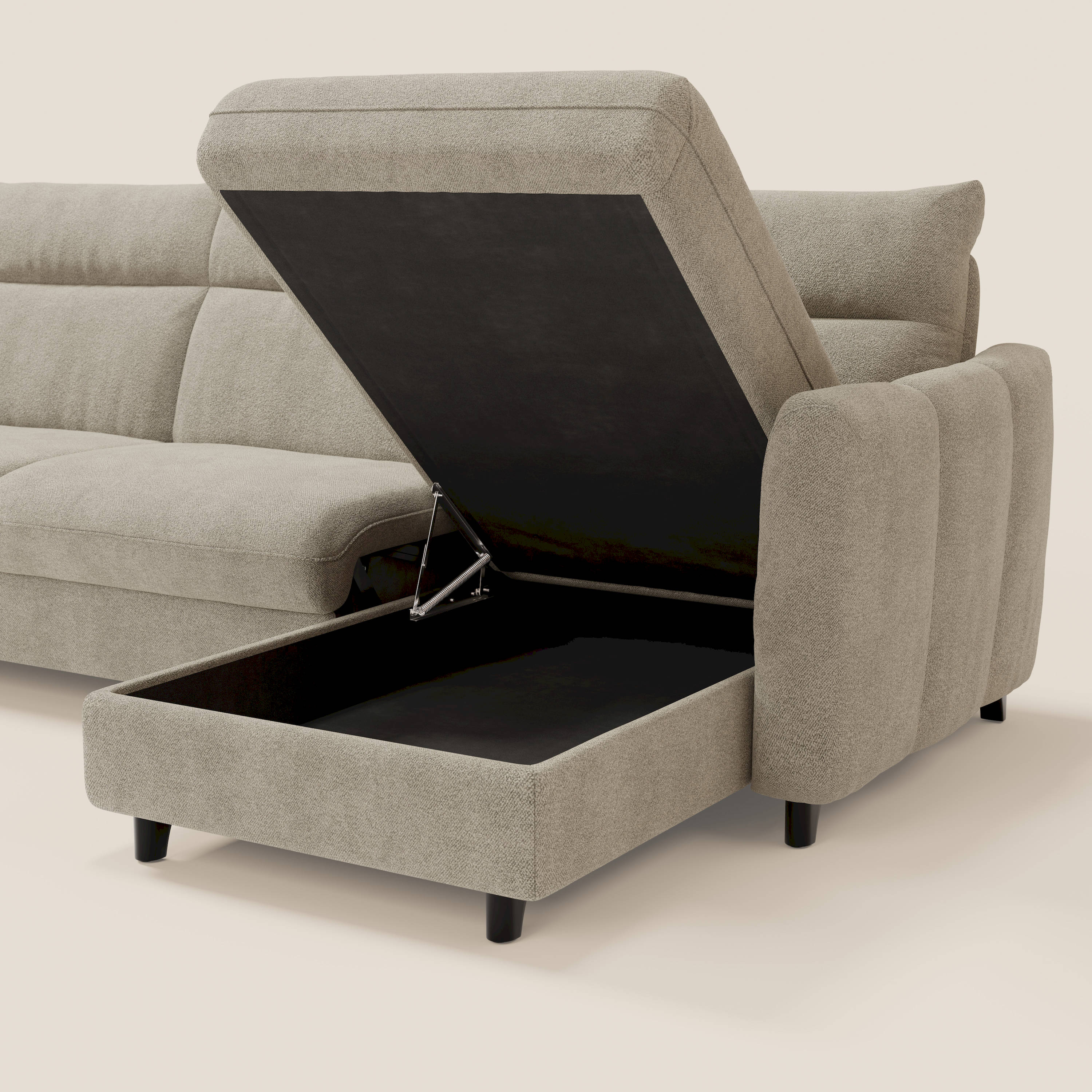Peonia divano letto angolare con Penisola Contenitore - Materasso H18 cm in Bouclé Impermeabile T07 - divitt.sbs