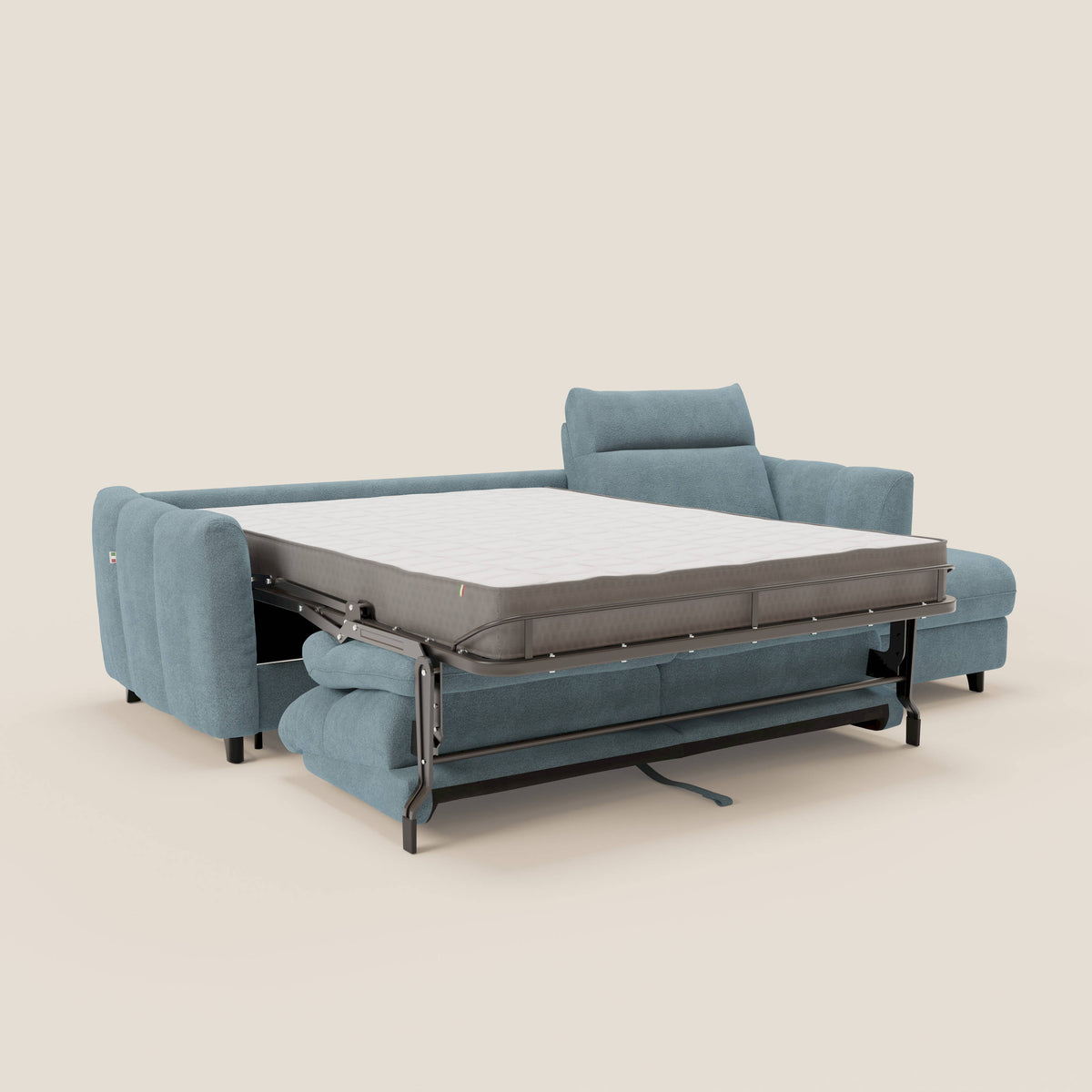 Peonia divano letto angolare con Penisola Contenitore - Materasso H18 cm in Bouclé Impermeabile T07 - divitt.sbs
