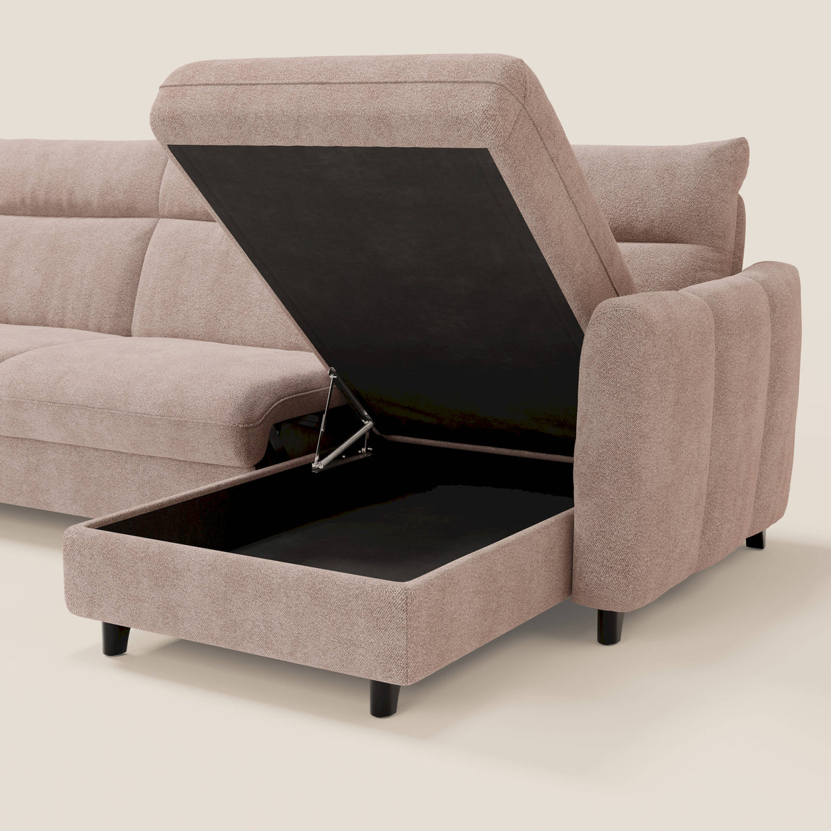 Peonia divano letto angolare con Penisola Contenitore - Materasso H18 cm in Bouclé Impermeabile T07 - divitt.sbs