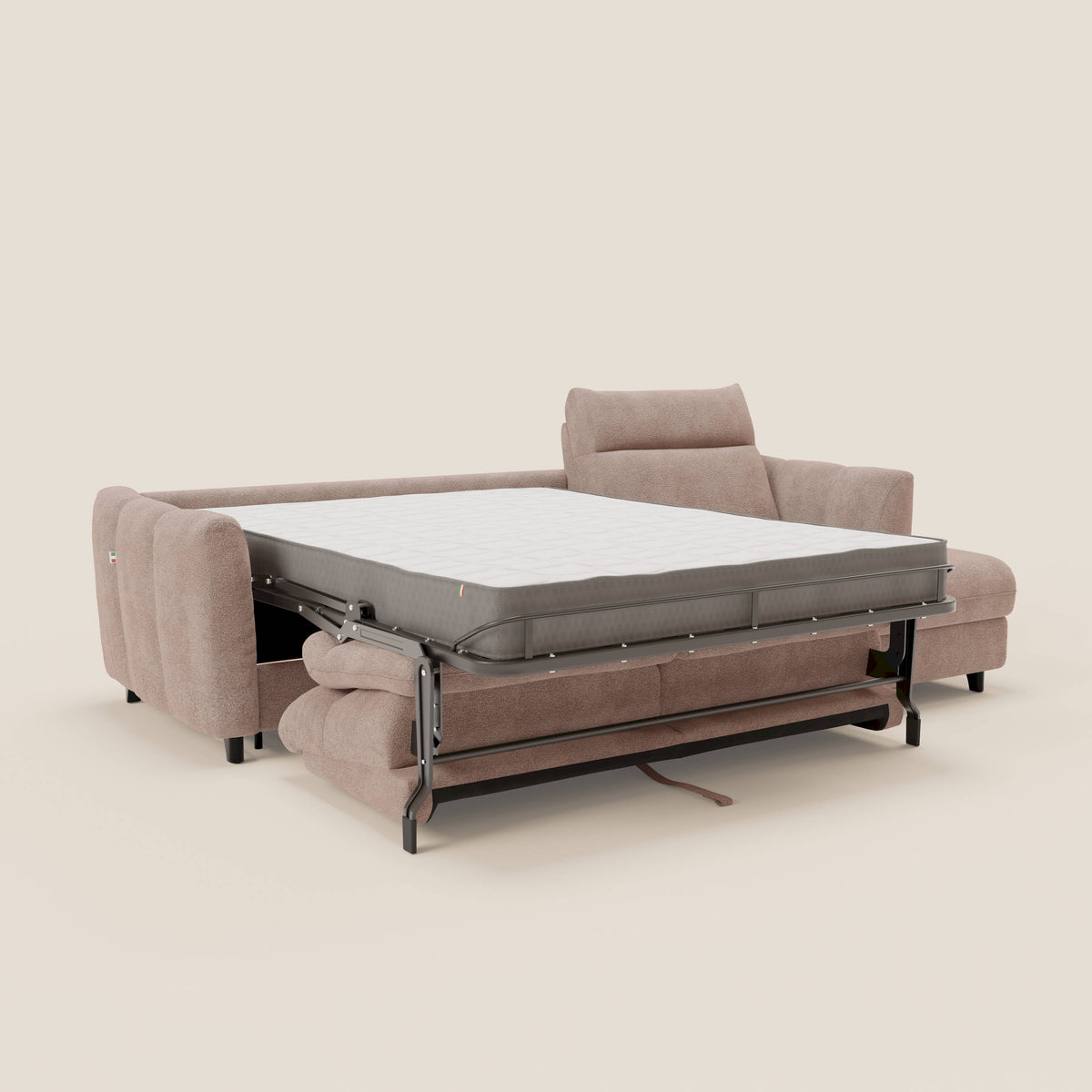 Peonia divano letto angolare con Penisola Contenitore - Materasso H18 cm in Bouclé Impermeabile T07 - divitt.sbs