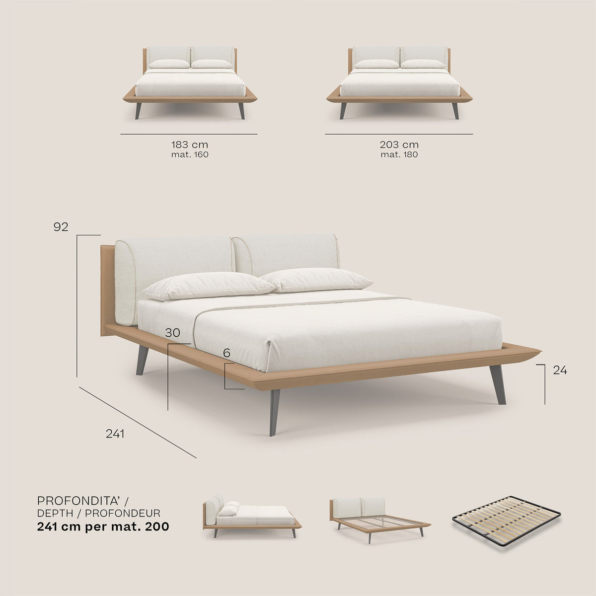 Petra letto di design bicolore con cuscini in piuma, piedini in mogano e tessuto impermeabile bicolore T11 e T06 tortora - rosso - divitt.sbs