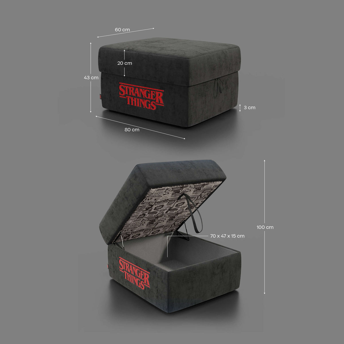 Sun pouf Contenitore Stranger Things Edition - 60x80 cm in tessuto smacchiabile by netflix antracite - divitt.sbs
