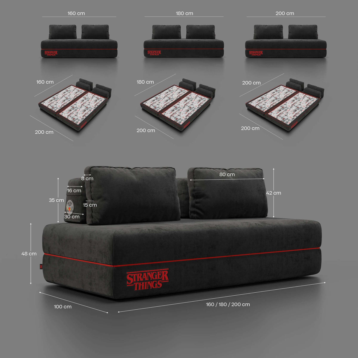 Rift divano letto matrimoniale STRANGER THINGS Edition 2 posti e 3 posti con schienali mobili - materasso alto 22 cm e memory foam in tessuto smacchiabile Antracite - divitt.sbs