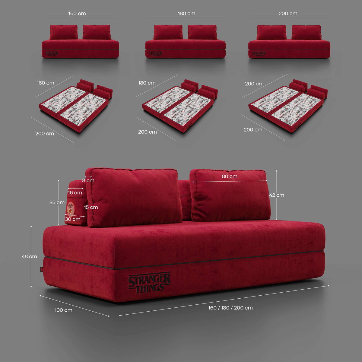 Rift divano letto matrimoniale STRANGER THINGS Edition 2 posti e 3 posti con schienali mobili - materasso alto 22 cm e memory foam in tessuto smacchiabile Rosso - divitt.sbs