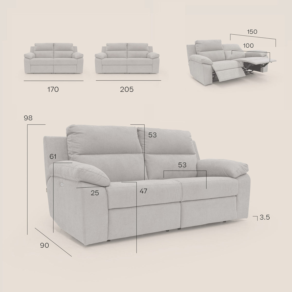 Romeo Divano relax con recliner elettrico in morbido tessuto impermeabile T02 panna - divitt.sbs