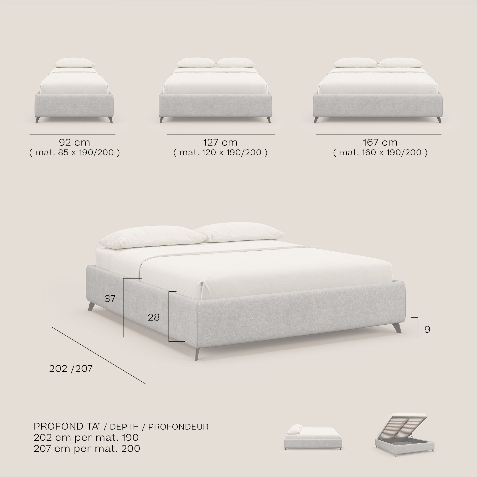 Sara sommier con giroletto contenitore in tessuto impermeabile T02 beige - divitt.sbs