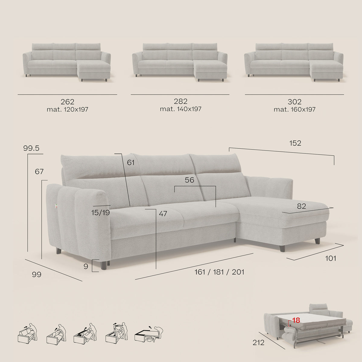 Peonia divano letto angolare con Penisola Contenitore - Materasso H18 cm in Bouclé Impermeabile T07 - divitt.sbs