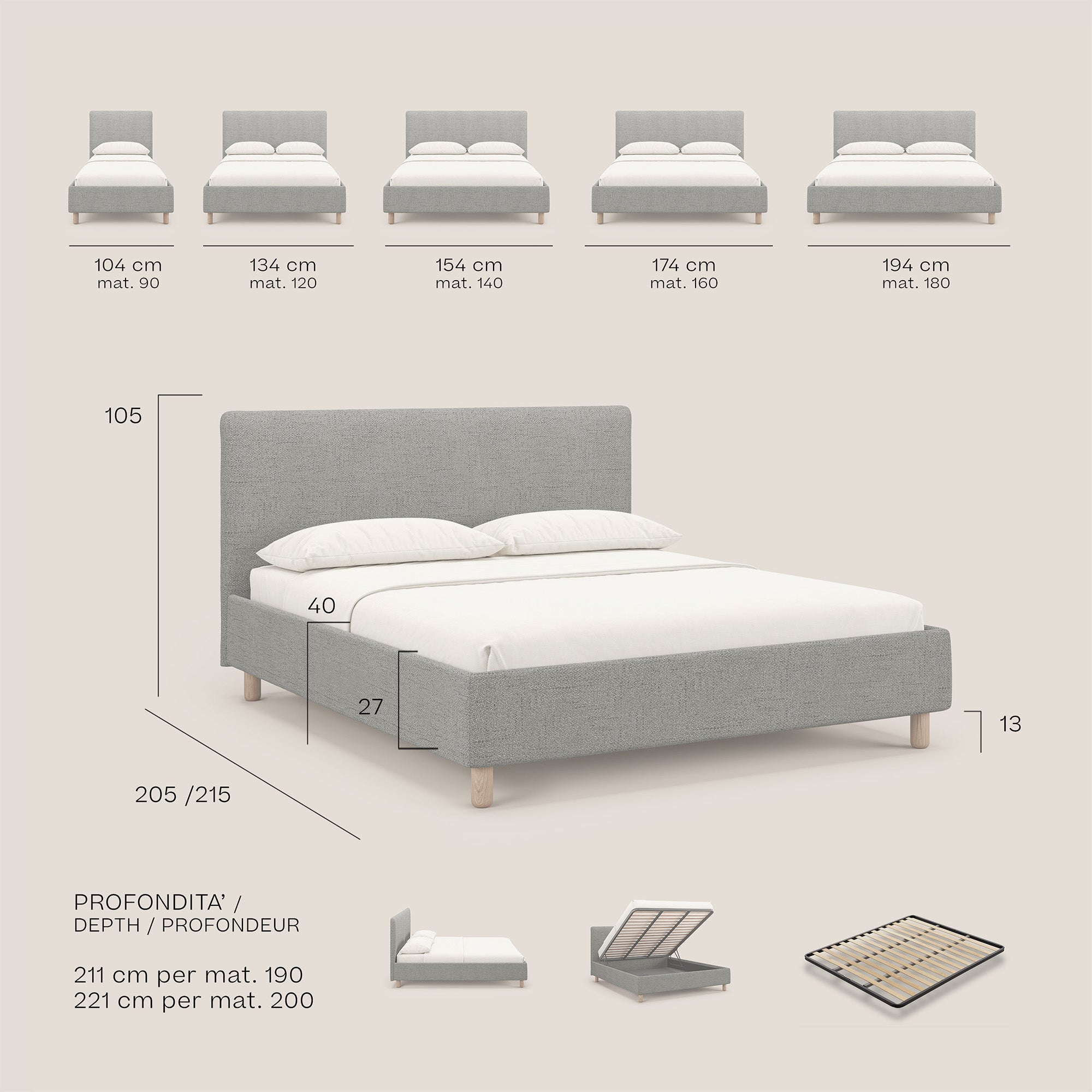 Serena letto contenitore salvaspazio scandinavo in tessuto fiammato impermeabile T03 azzurro - divitt.sbs