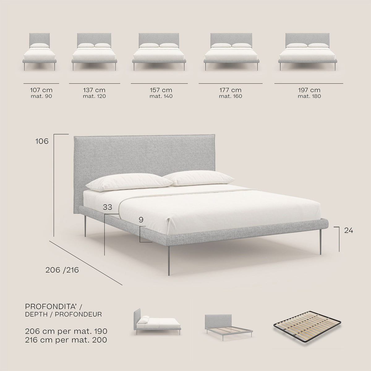 Theo letto imbottito moderno sfoderabile con piedi alti in metallo in tessuto impermeabile T10 grigio chiaro - divitt.sbs