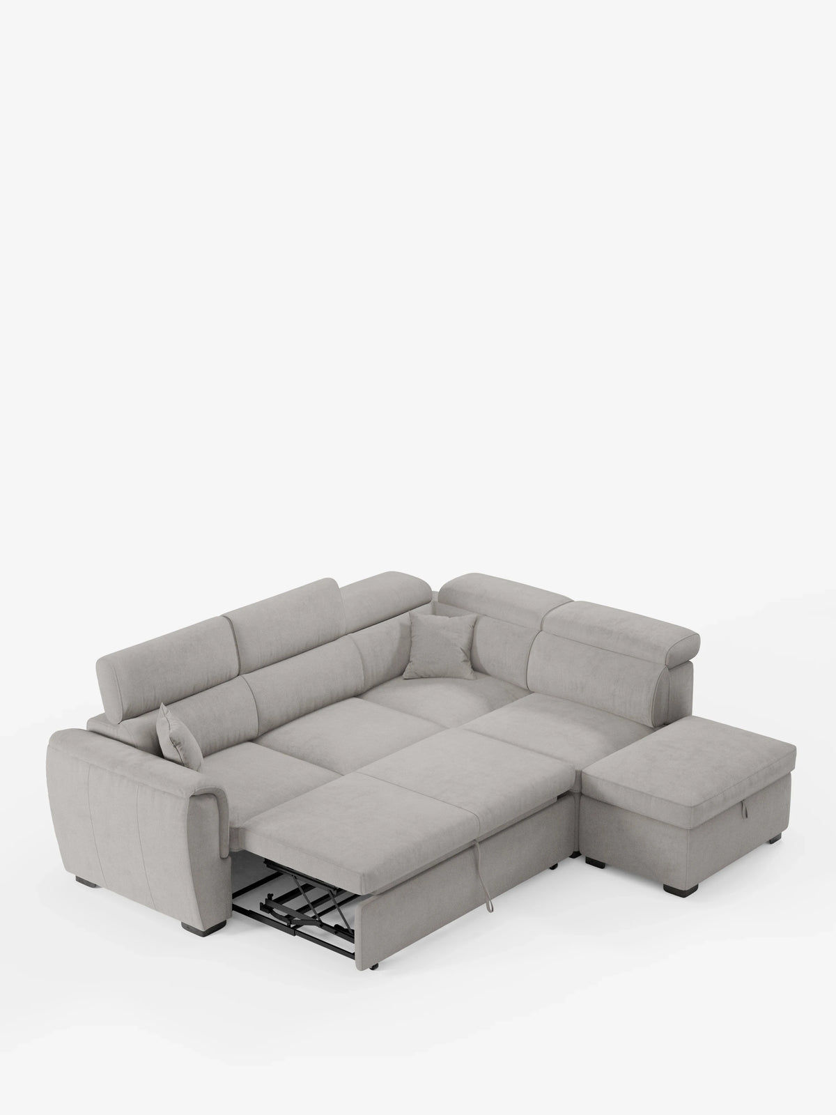 Il divano angolare reversibile Titano di divitt.sbs, qui presentato in tessuto grigio lavabile certificato Oeko-Tex®, è dotato di poggiatesta regolabili, ampi braccioli e un letto estraibile integrato che, una volta completamente esteso, si trasforma in un versatile divano letto. La chaise longue sul lato destro e il pouf contenitore annesso completano il design, il tutto presentato su uno sfondo bianco a tinta unita.