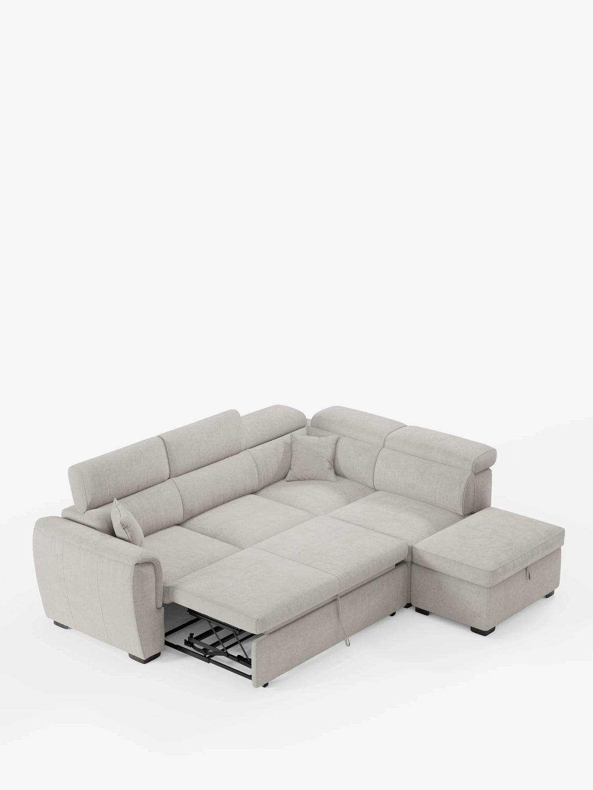 Il divano angolare reversibile Titano di divitt.sbs presenta una struttura componibile a forma di L in tessuto grigio chiaro facile da pulire, certificato Oeko-Tex®, con poggiatesta reclinabili, un letto estraibile centrale e una chaise longue sul lato destro. Questo divano moderno include due cuscini coordinati e un pouf contenitore integrato, il tutto su uno sfondo bianco a tinta unita.