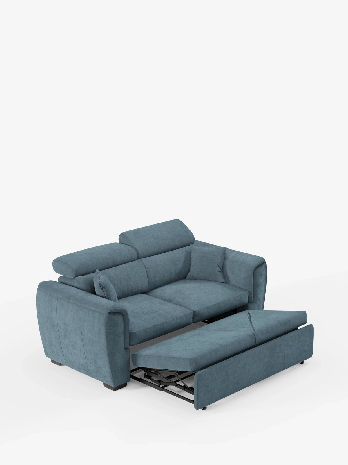 Un divano moderno blu Titano a 2 posti estraibile con poggiatesta reclinabili in tessuto smacchiabile Oeko-Tex® di divitt.sbs: questo divano presenta poggiatesta regolabili e una comoda sezione estraibile che si allunga in avanti per creare una superficie piana ideale per dormire o rilassarsi. Su uno sfondo bianco a tinta unita, l’immagine mette in risalto il colore vivace e il design elegante di questo divano moderno.