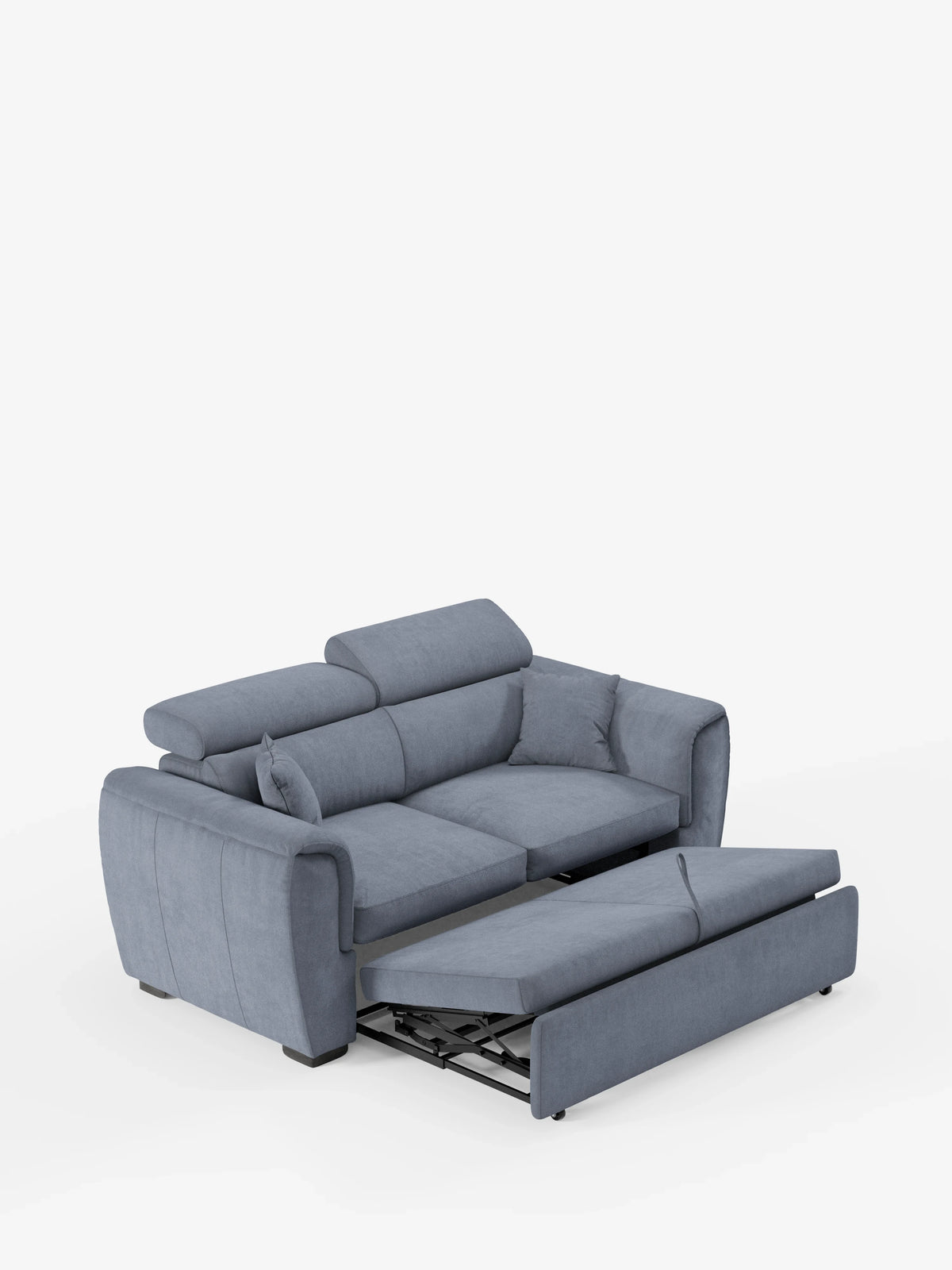 Il divano a 2 posti estraibile Titano con poggiatesta reclinabili in tessuto smacchiabile Oeko-Tex® di divitt.sbs è disponibile in un rivestimento contemporaneo di colore azzurro. I poggiatesta regolabili e la pratica sezione estraibile trasformano facilmente il divano in un letto. Questo moderno complemento d’arredo poggia su corte gambe nere ed è messo in risalto da uno sfondo bianco a tinta unita.