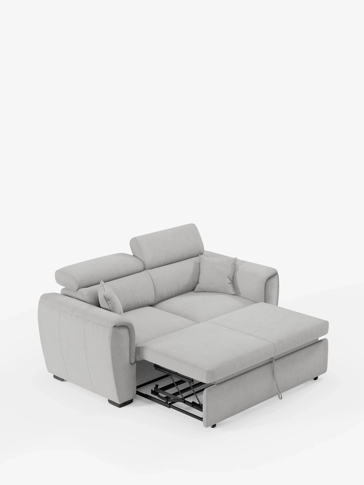 Il divano a 2 posti estraibile Titano con poggiatesta reclinabili in tessuto smacchiabile Oeko-Tex® di divitt.sbs è un divano componibile rivestito in grigio chiaro dotato di poggiatesta regolabili, due cuscini e un meccanismo letto estraibile parzialmente estensibile; questo divano versatile offre comfort moderno e funzionalità flessibile per spazi ridotti. Immagine raffigurata su sfondo bianco a tinta unita.