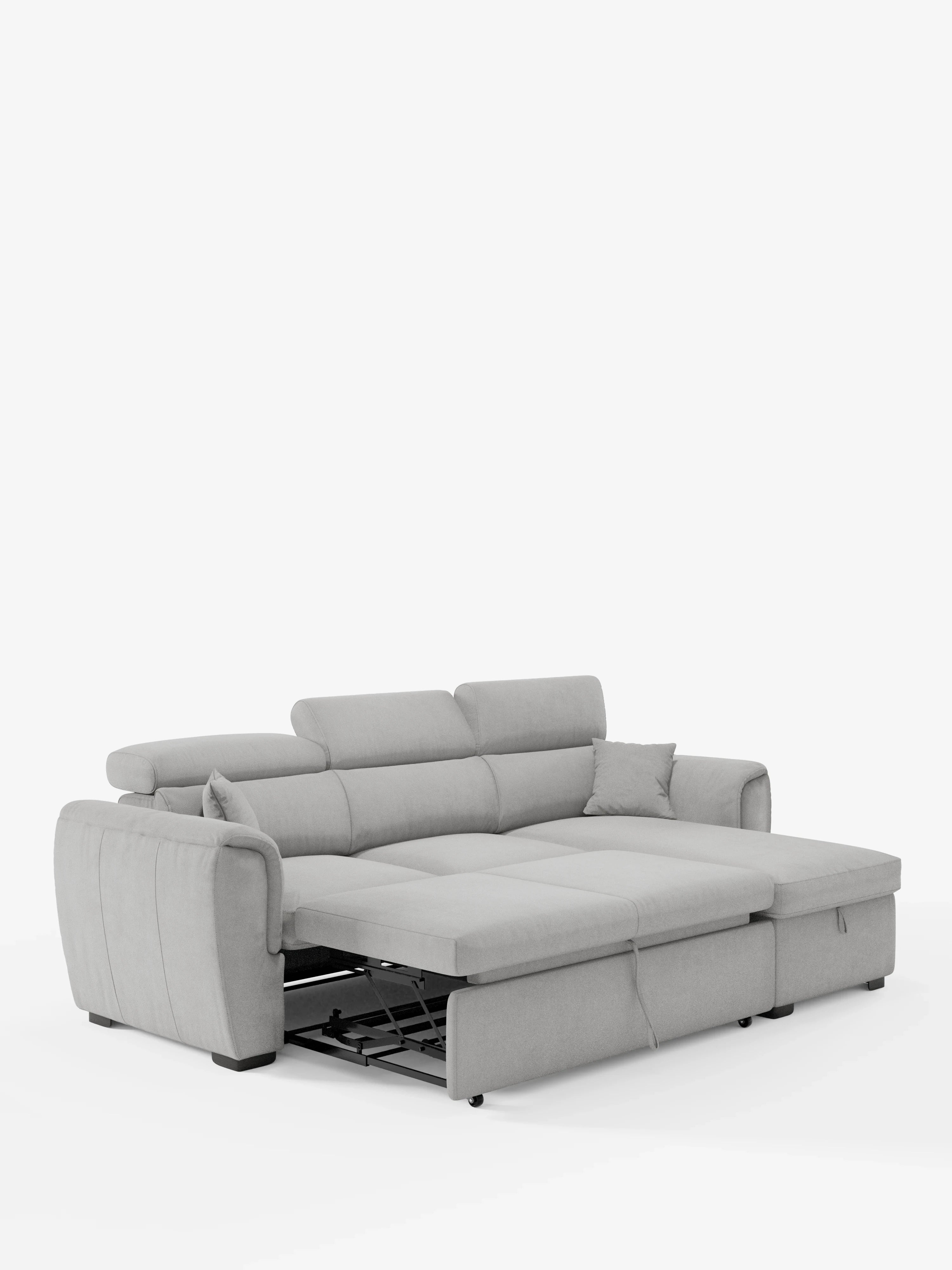 Il divano letto Titano con penisola reversibile e contenitore di divitt.sbs è un moderno divano componibile grigio chiaro dotato di chaise longue reversibile, poggiatesta reclinabili e letto estraibile. Rivestito in tessuto antimacchia, questo divano dal design contemporaneo è dotato di cuscini quadrati coordinati e di un ampio vano contenitore, come si vede nella foto su sfondo bianco.