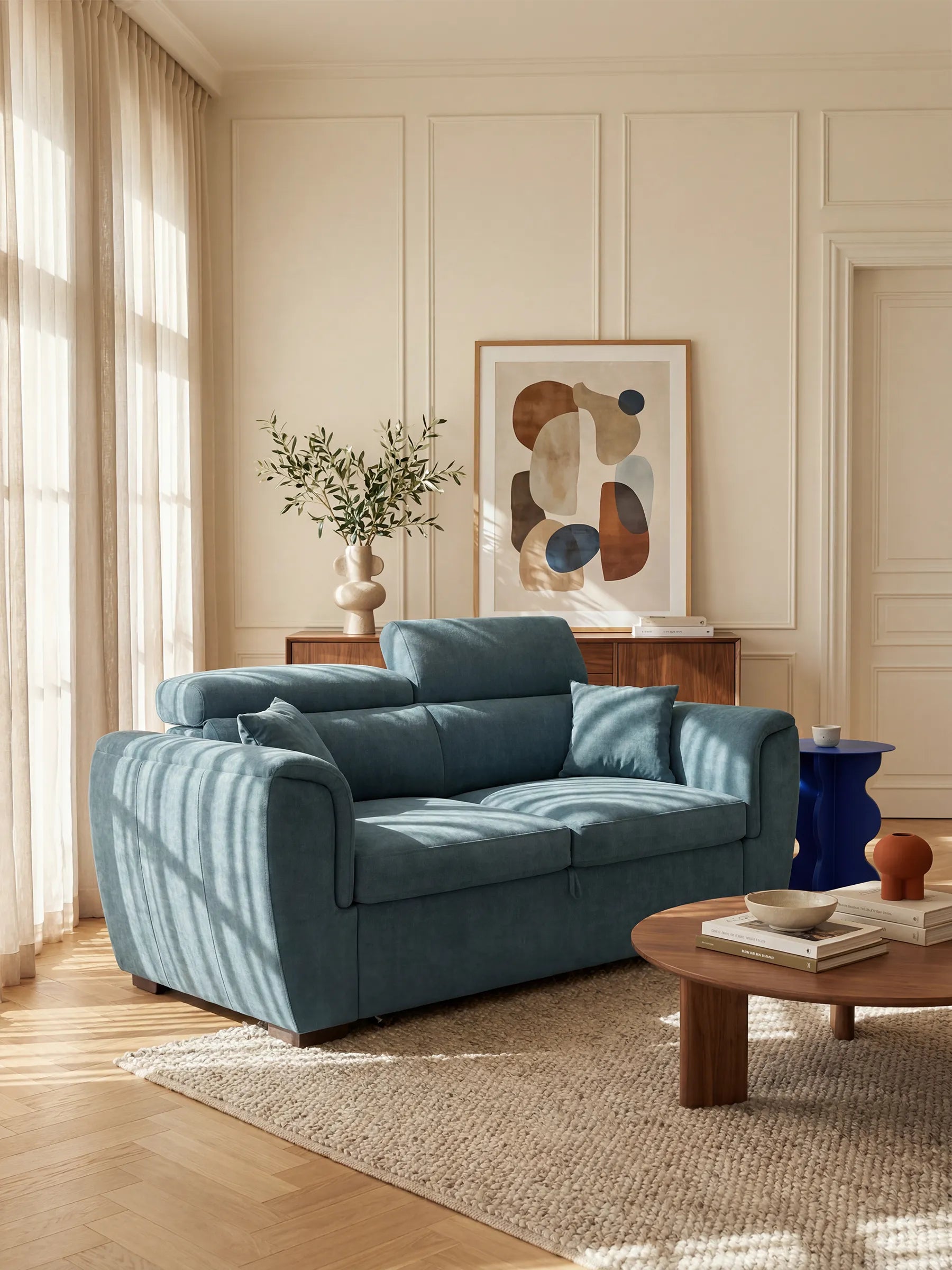 Soggiorno inondato di luce, arredato con il divano Titano a 2 posti estraibile con poggiatesta reclinabili in tessuto smacchiabile Oeko-Tex® di divitt.sbs, color blu, abbinato a un tavolino in legno con decorazioni sul piano. Lo spazio comprende un'ampia finestra adornata da tende trasparenti, una credenza in legno, un quadro astratto incorniciato, un vaso con piante verdi e pareti rivestite con pannelli chiari, che conferiscono all'ambiente un'estetica calda, accogliente e moderna.