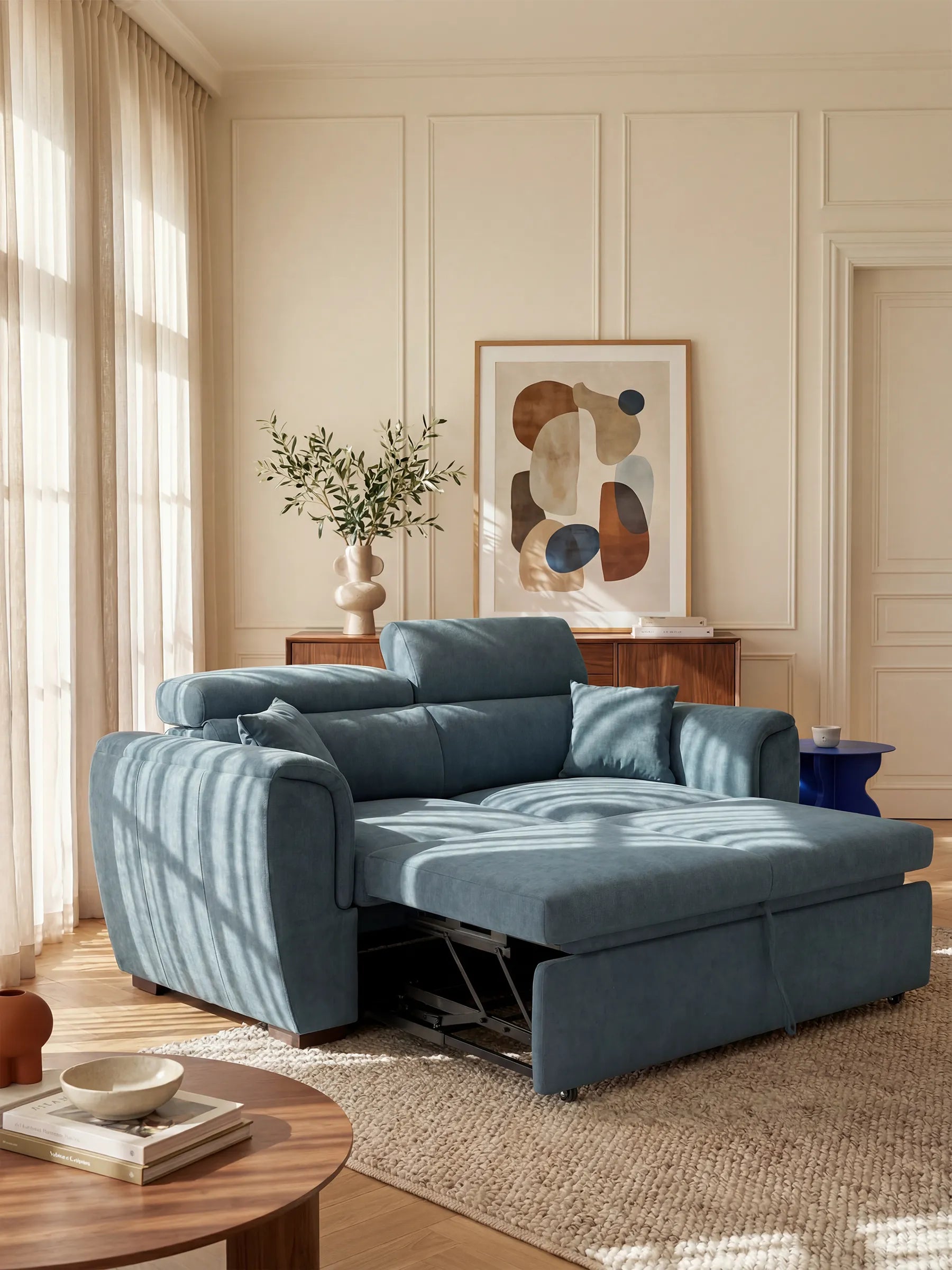 Il fulcro dell’ambiente è costituito da un accogliente soggiorno arredato con il divano Titano a 2 posti estraibile con poggiatesta reclinabili in tessuto smacchiabile Oeko-Tex® di divitt.sbs, nella tonalità blu, completato da un tappeto beige, un tavolino in legno, un quadro astratto e una pianta in vaso appoggiata su una consolle. Le tende trasparenti alle alte finestre lasciano entrare la luce naturale del sole, mentre l’illuminazione soffusa e gli elementi decorativi dai toni naturali valorizzano