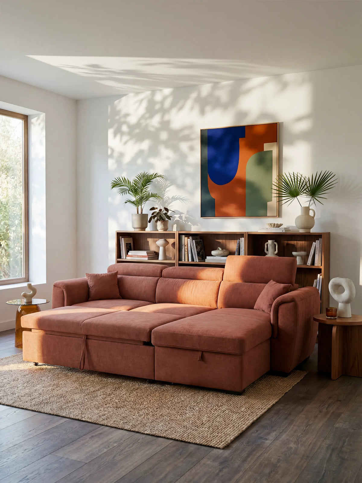 Un divano letto Titano color ruggine con penisola reversibile e contenitore, poggiatesta reclinabili ed elemento estraibile in tessuto smacchiabile di divitt.sbs è posizionato su un tappeto intrecciato in un soggiorno moderno e inondato di luce. Dietro di esso, una mensola in legno ospita piante e oggetti decorativi. Opere d’arte astratte alle pareti e il verde valorizzano lo spazio luminoso e minimalista, caratterizzato da ampie finestre e pavimenti in legno.