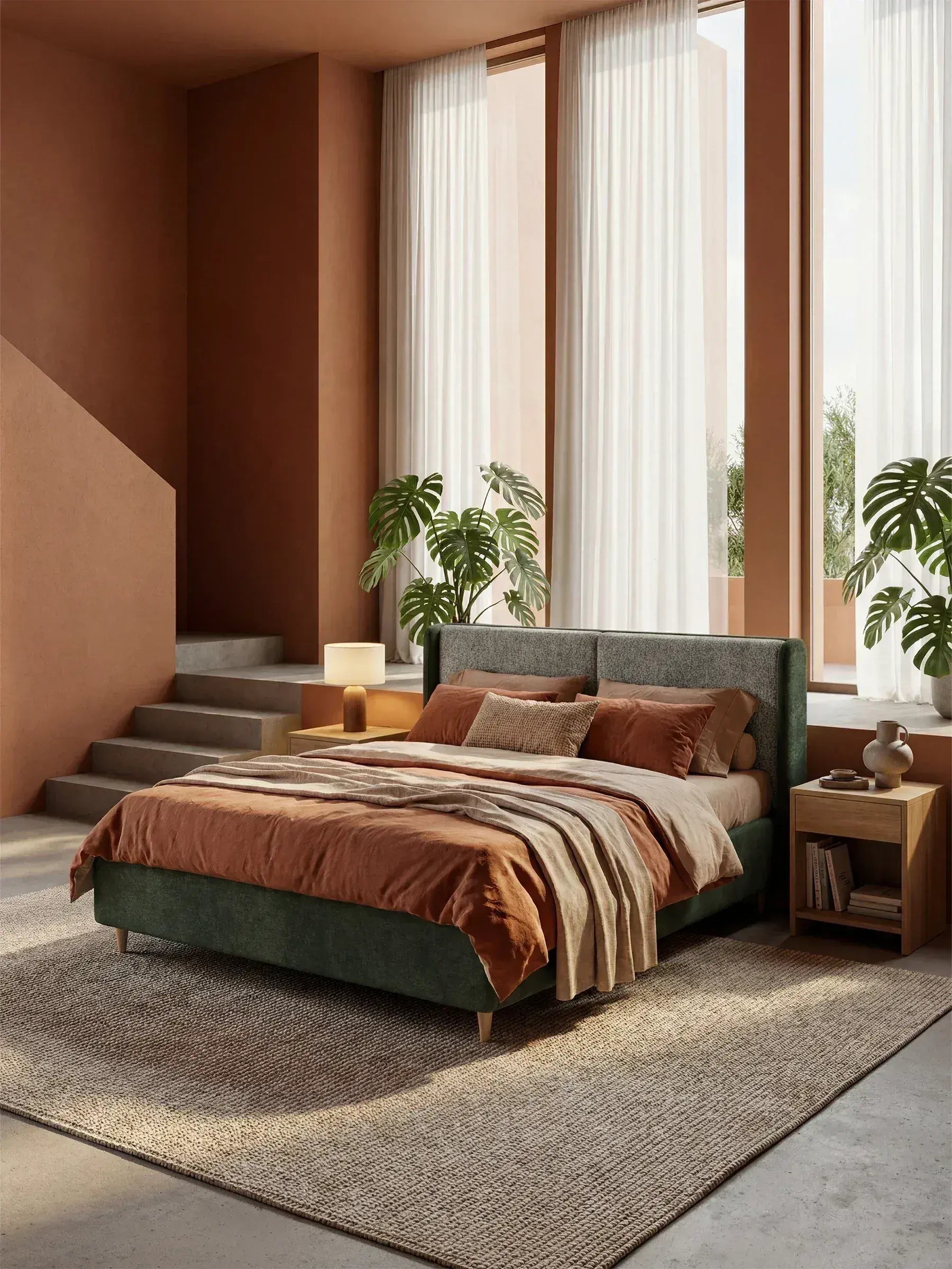 Una camera da letto moderna, con ampie finestre e pareti color ruggine, mette in risalto il letto imbottito bicolore VALKIRIA di Letti.store con contenitore, abbinato a biancheria da letto nei toni del ruggine e del beige su un tappeto dalla trama ruvida. Due piante di monstera in vaso e un comodino in legno completano questo spazio accogliente.