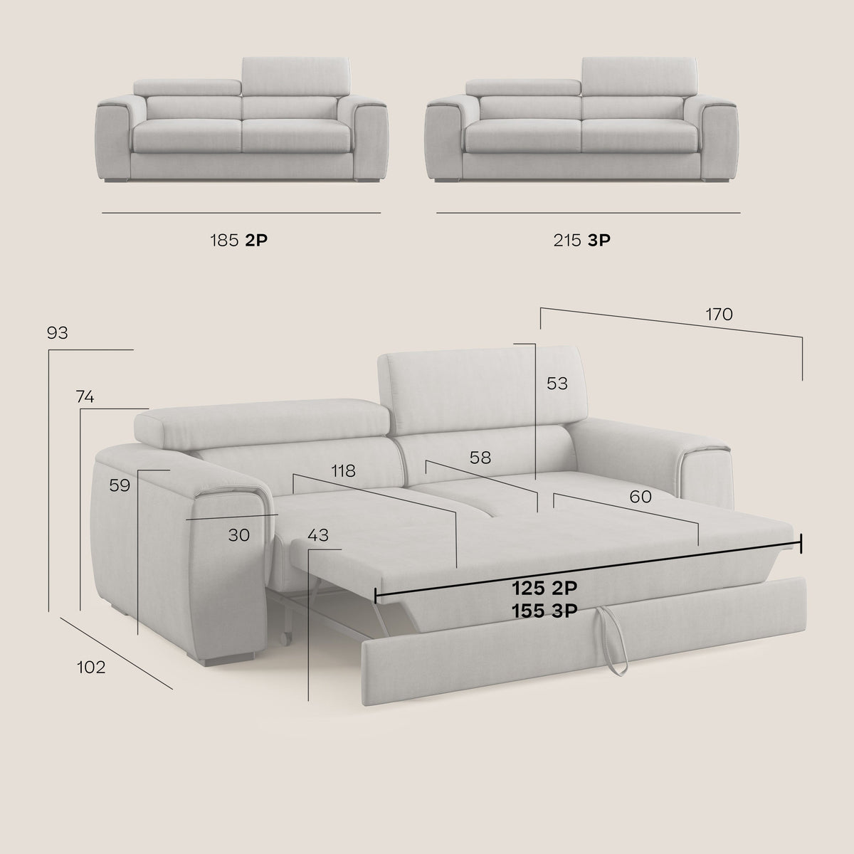 Zeno Divano con pouf estraibile poggiapiedi in tessuto morbido impermeabile T02 blu - divitt.sbs