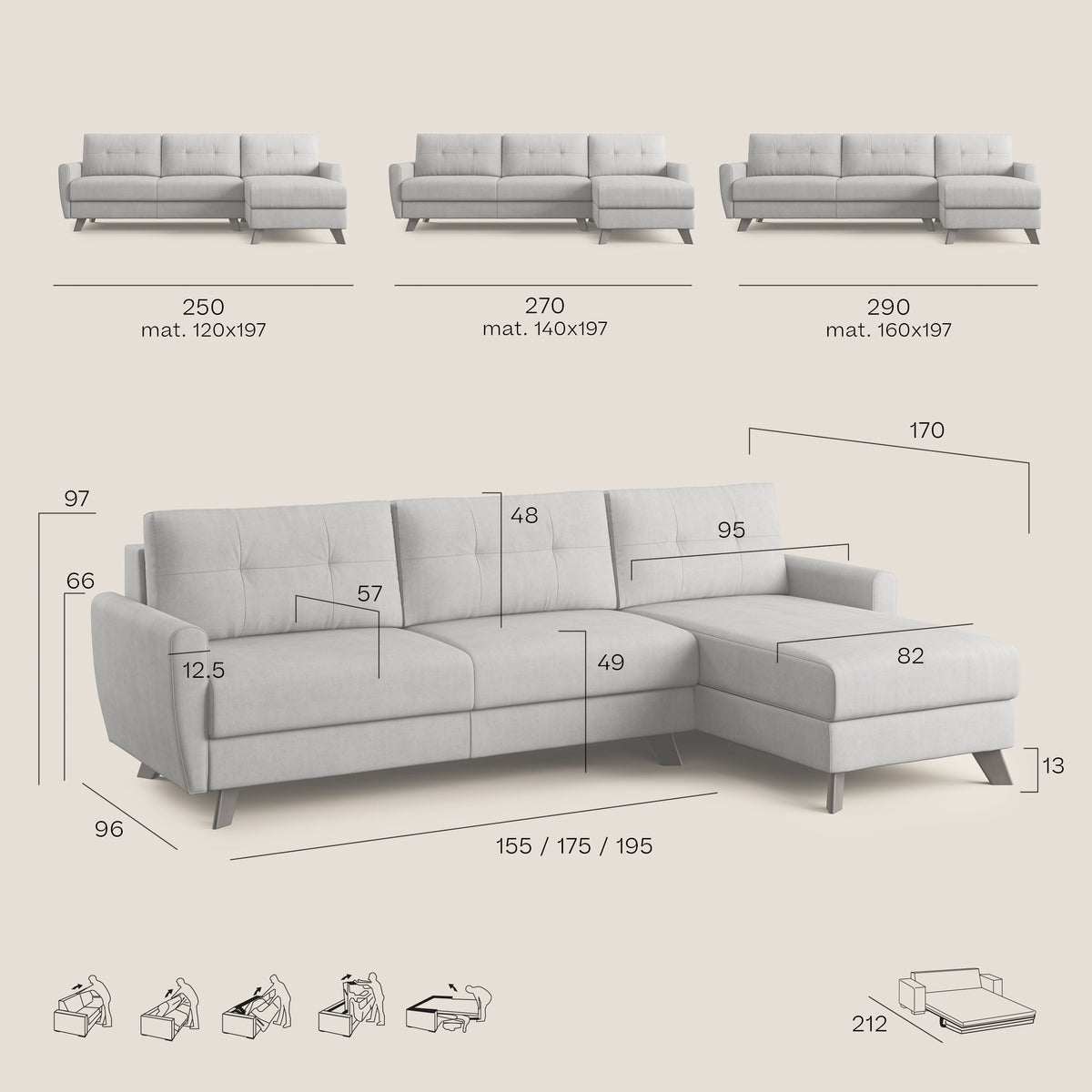 Callisto Divano letto angolare con penisola in tessuto morbido impermeabile T02 grigio chiaro - divitt.sbs
