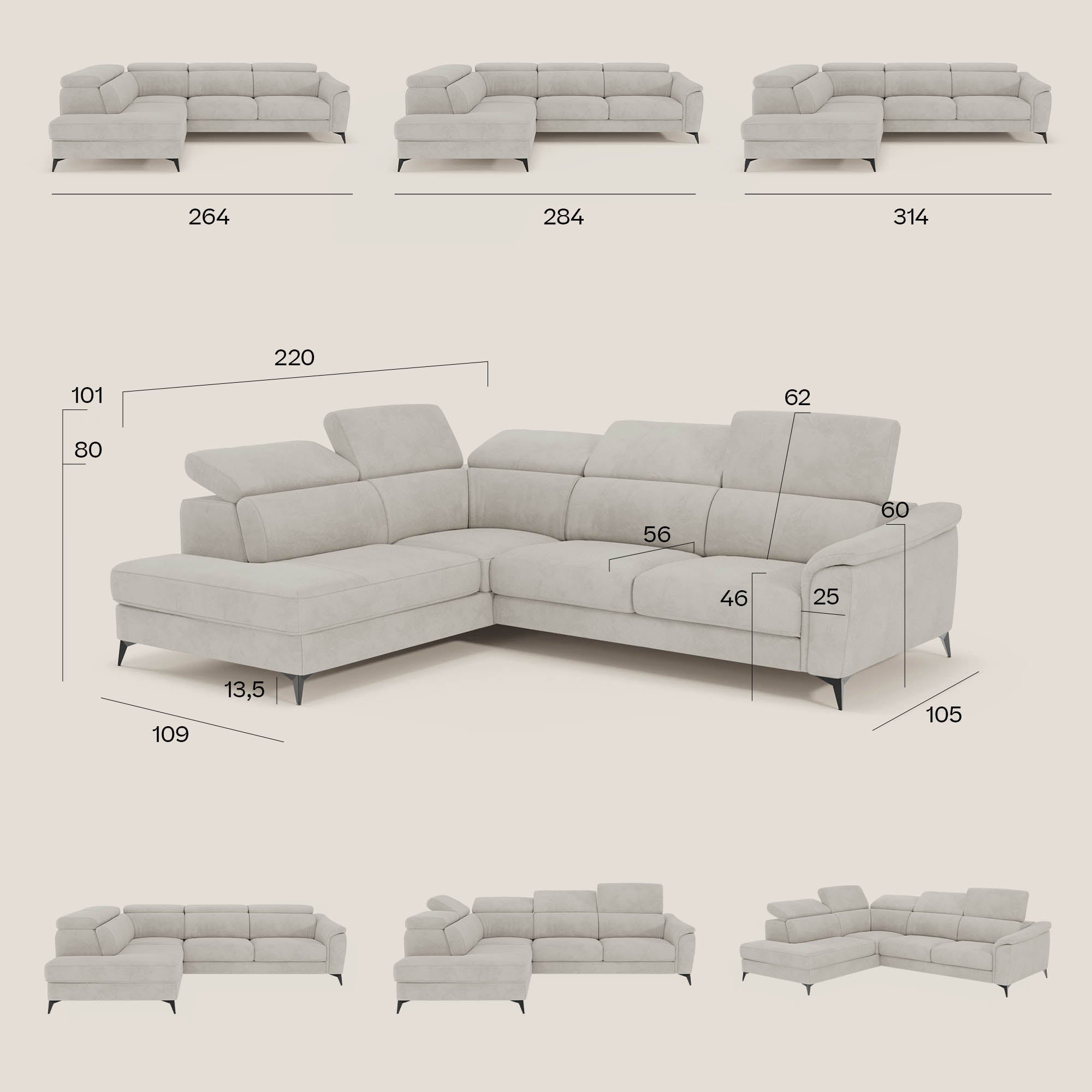 Arcos Divano angolare - piedini alti e poggiatesta reclinabili in microfibra impermeabile T11 beige - divitt.sbs