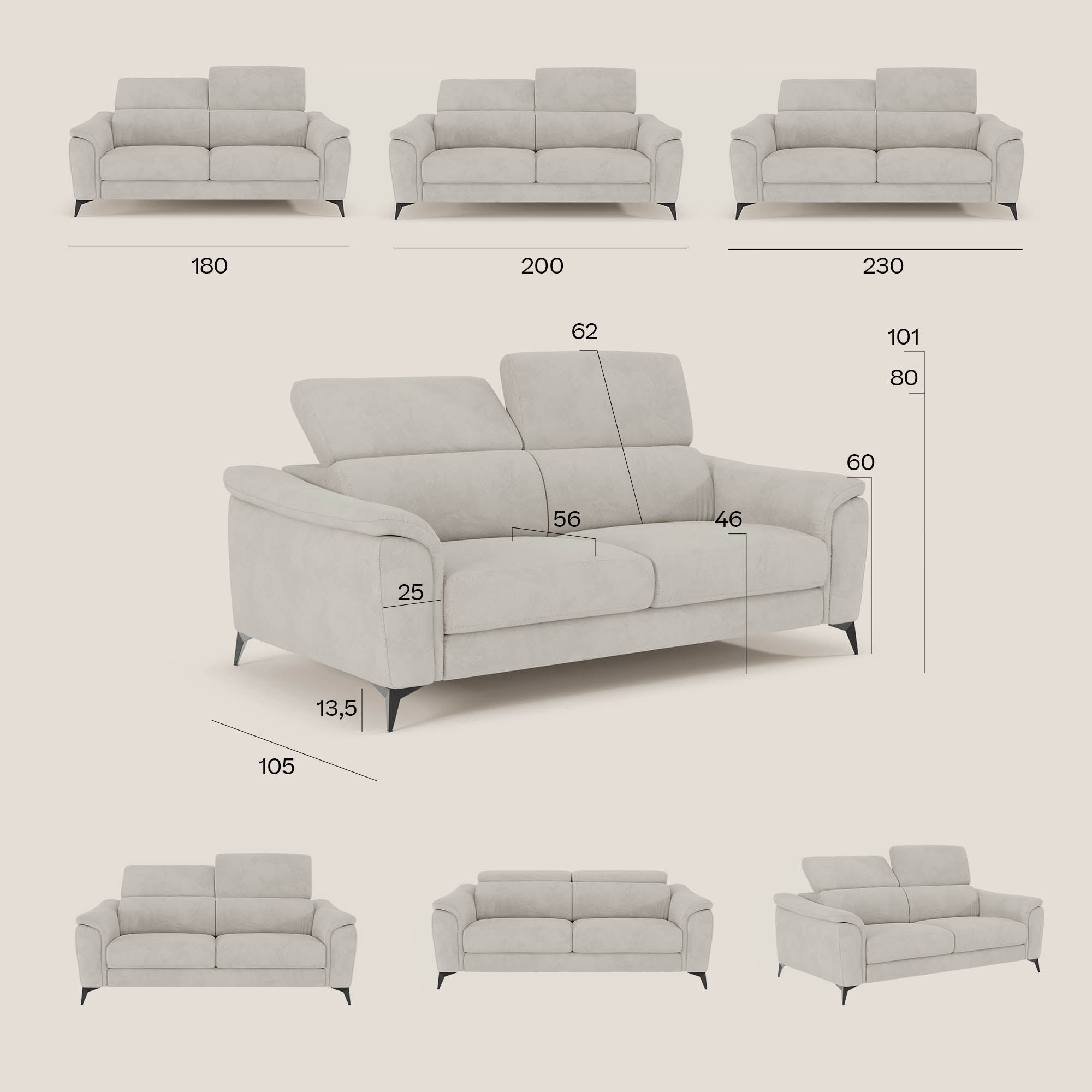 Arcos Divano 3 posti - piedini alti e poggiatesta reclinabili in microfibra impermeabile T11 beige - divitt.sbs