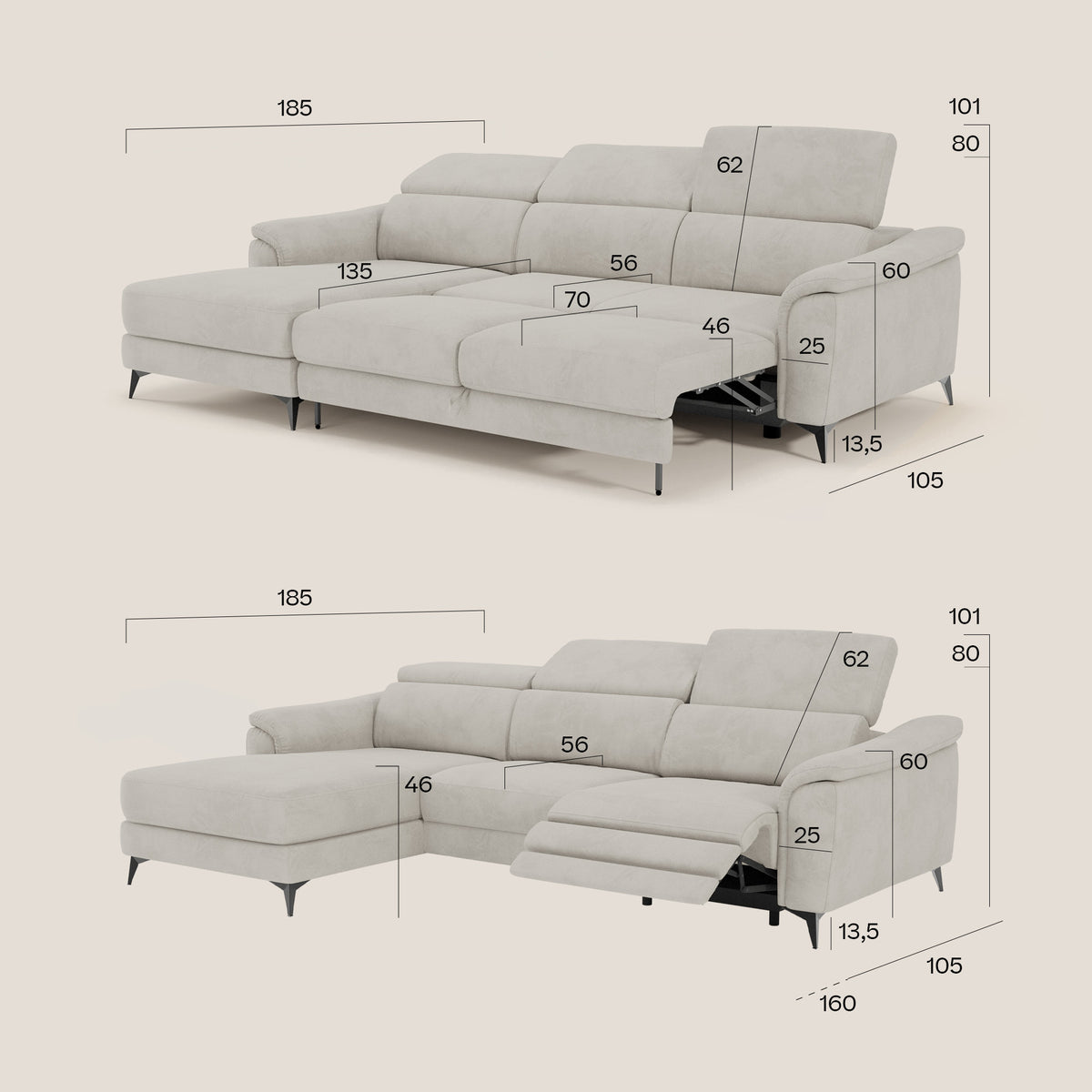 Arcos Divano con penisola - piedini alti e poggiatesta reclinabili in microfibra impermeabile T11 beige - divitt.sbs