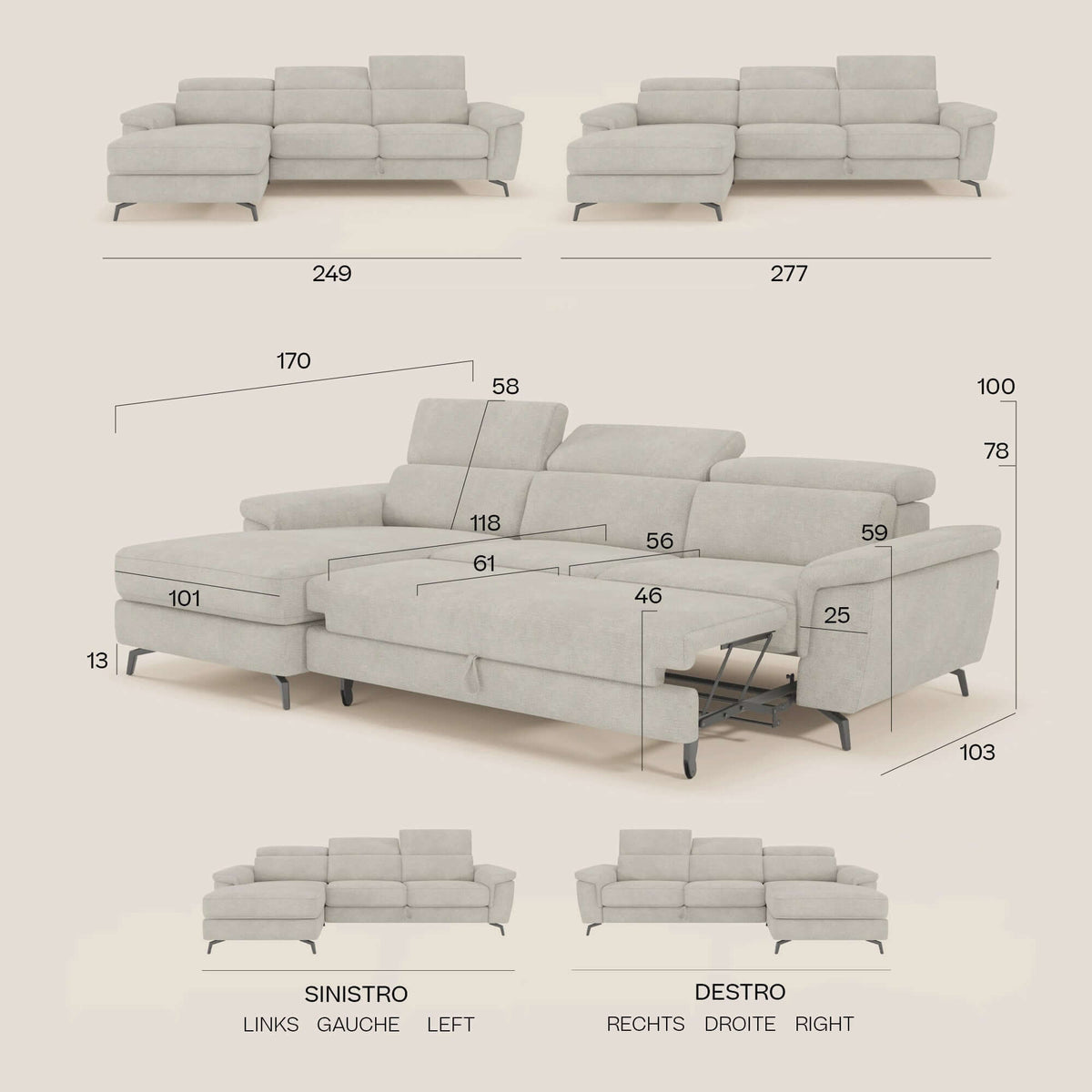 Estro Divano estraibile con chaise-longue e poggiatesta reclinabili in tessuto impermeabile T14 marrone - divitt.sbs