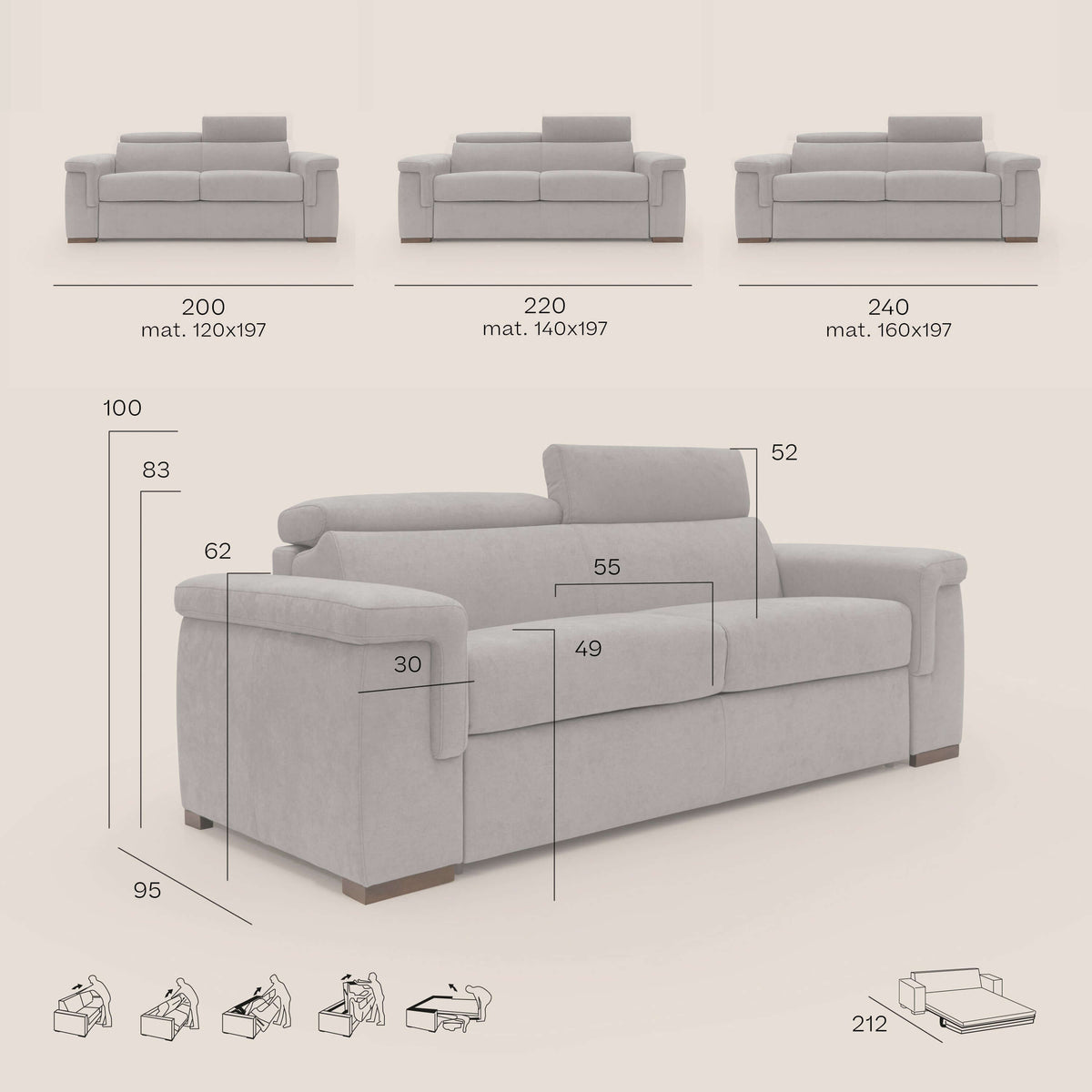 Giunone divano letto con materasso alto 18 cm e poggiatesta reclinabili in tessuto impermeabile T02 panna - divitt.sbs
