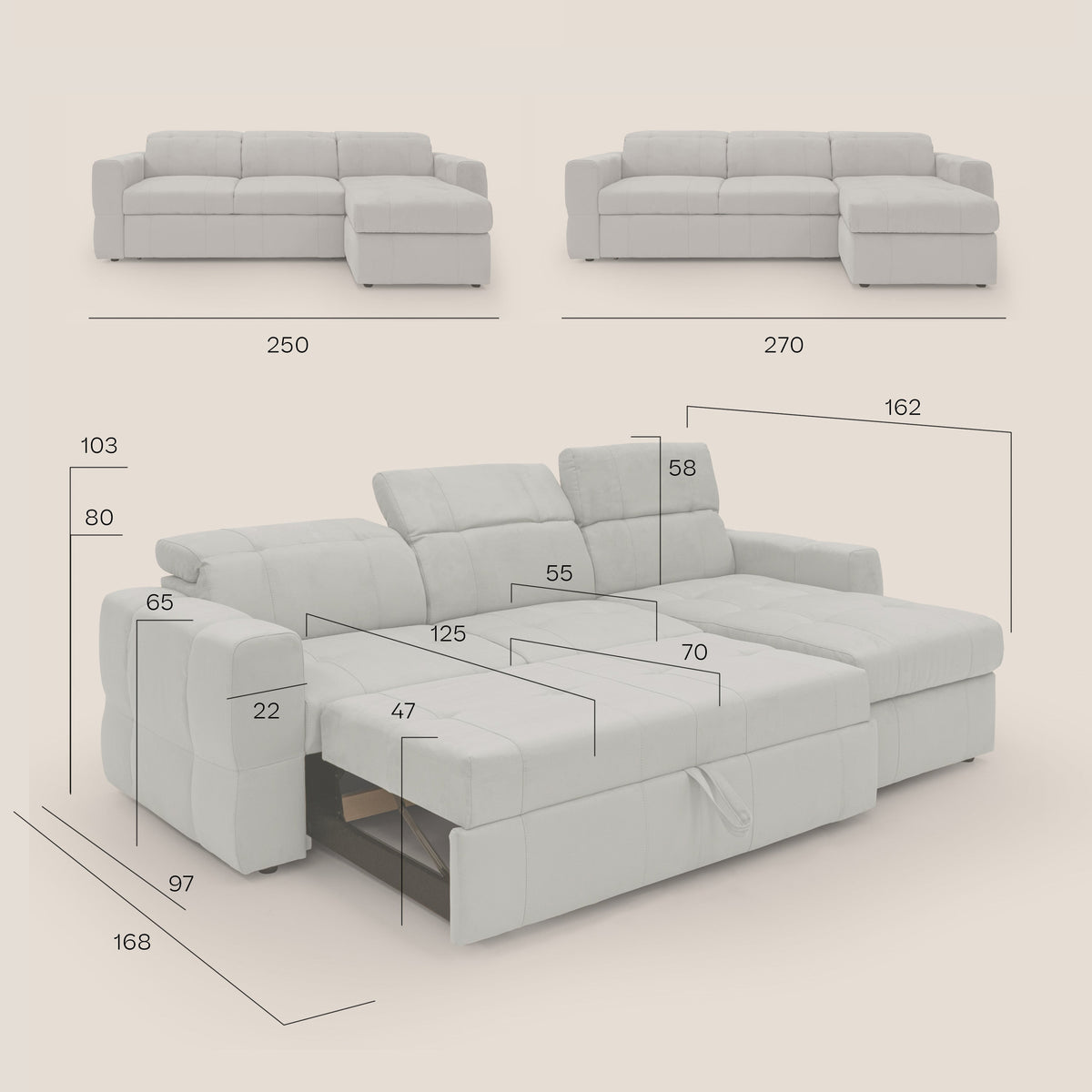 Kronos Divano angolare con pouf estraibile e penisola contenitore in microfibra impermeabile T11 beige - divitt.sbs