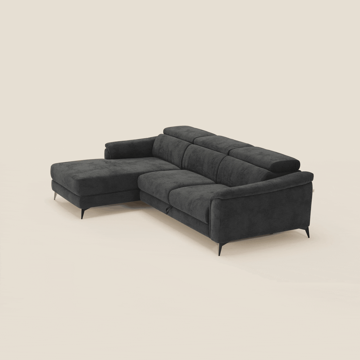 Arcos Divano con penisola - piedini alti e poggiatesta reclinabili in microfibra impermeabile T11 nero - divitt.sbs