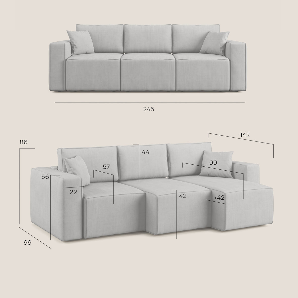 Morfeo divano con 3 sedute estraibili in morbido tessuto impermeabile T02 grigio - divitt.sbs