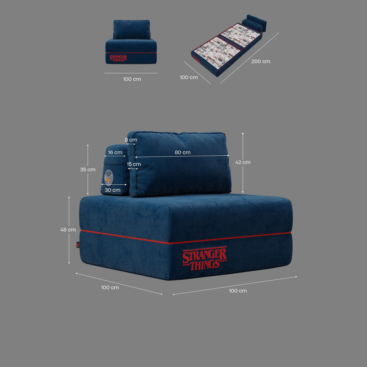 Rift poltrona letto STRANGER THINGS Edition con materasso alto 22 cm e memory foam - tessuto smacchiabile blu - divitt.sbs