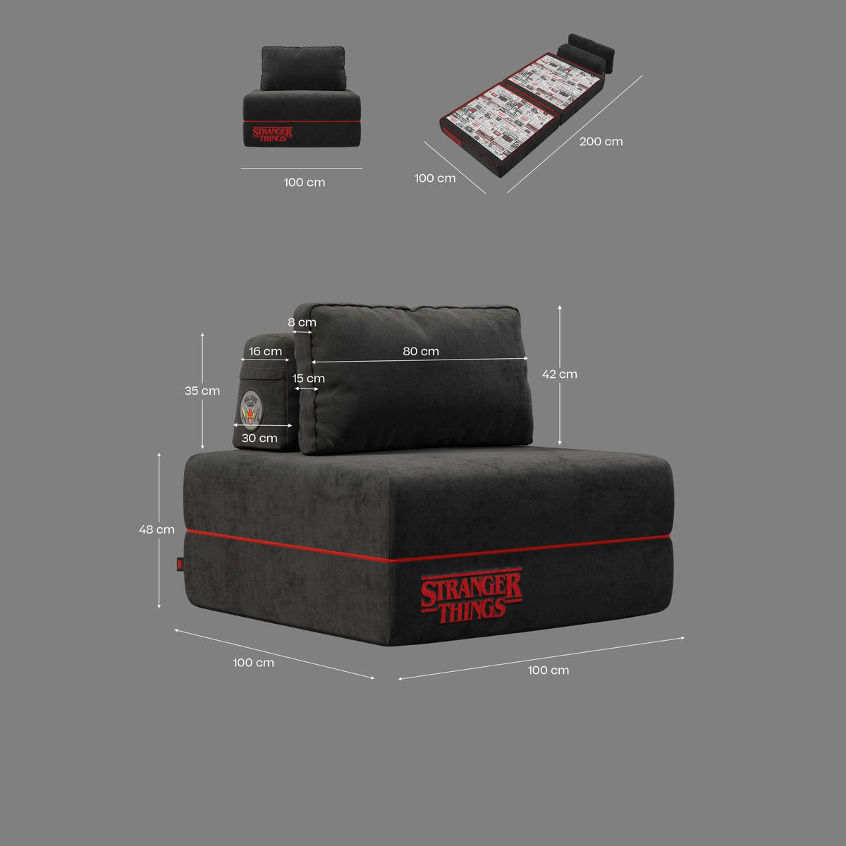 Rift poltrona letto STRANGER THINGS Edition con materasso alto 22 cm e memory foam - tessuto smacchiabile antracite - divitt.sbs