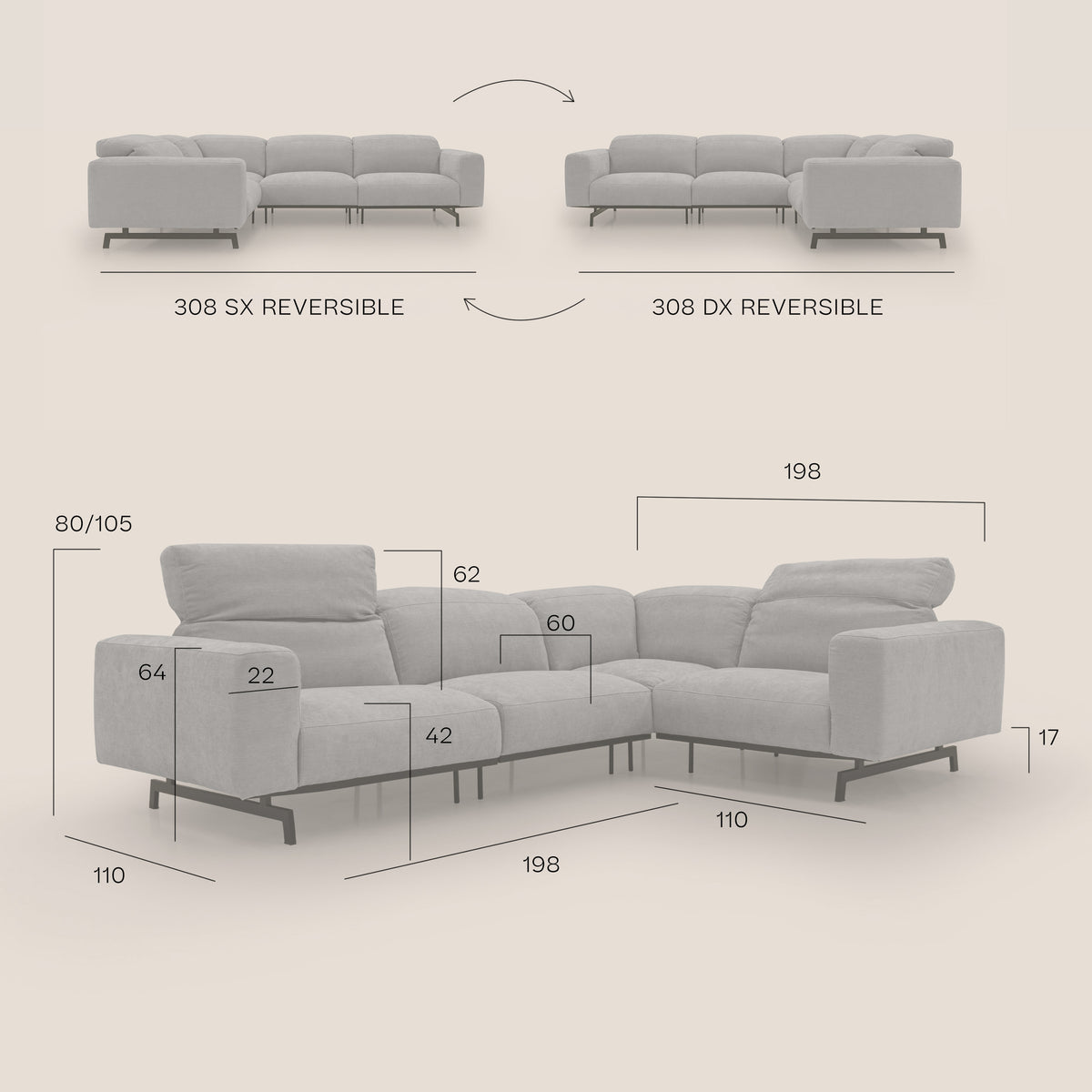 Sakura divano in piuma d'oca angolare REVERSIBILE in morbido tessuto fiammato impermeabile T14 beige - divitt.sbs