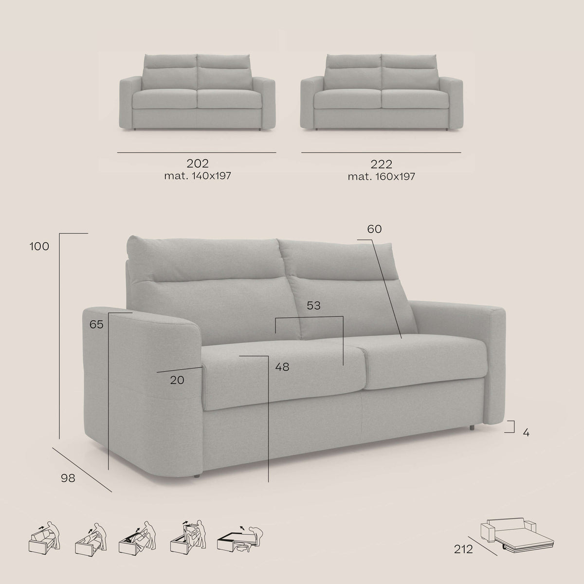 Cupido Divano letto materasso H18 cm e schienale alto in tessuto impermeabile simil cotone T13 rosso - divitt.sbs