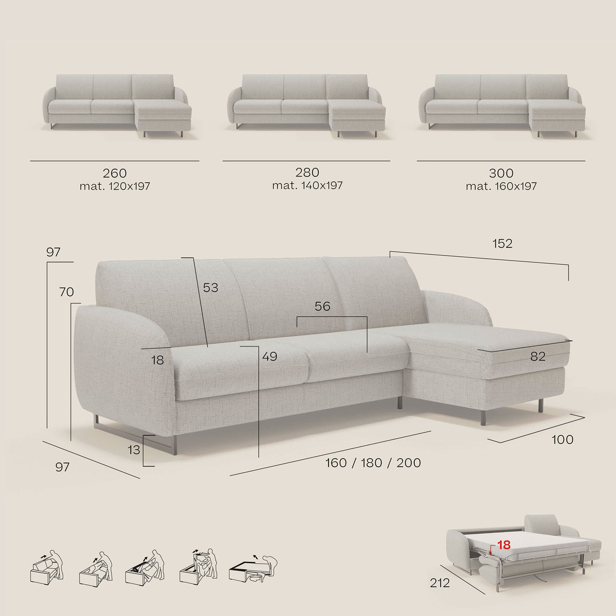 Ninfea Divano Letto Angolare con Penisola Contenitore e Materasso H18 cm - piedini in metallo e Tessuto impermeabile T03 - divitt.sbs