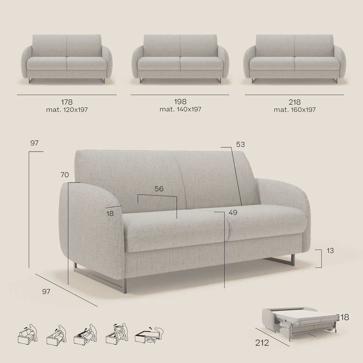 Ninfea divano letto Design Morbido con Piedini alti in Metallo e Materasso H18 cm in tessuto impermeabile T03 - divitt.sbs