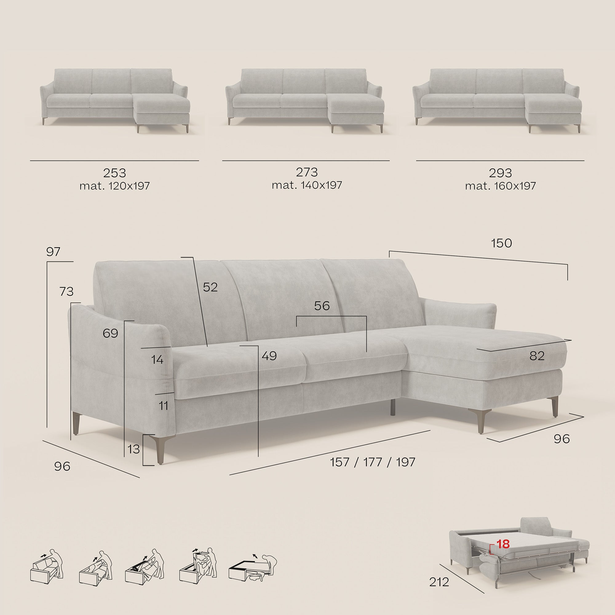 Dalia divano letto angolare con materasso alto 18 cm piedini alti e penisola contenitore in tessuto smacchiabile T17 - divitt.sbs