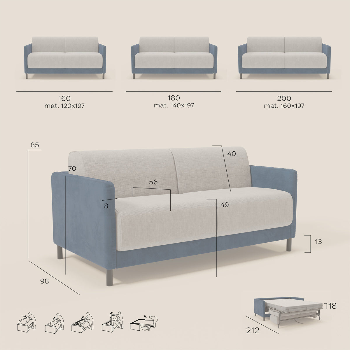 Narciso divano letto desing con materasso H18 cm bicolore con struttura in microfibra smacchiabile e imbottiture in elegante tessuto impermeabile T06 - divitt.sbs