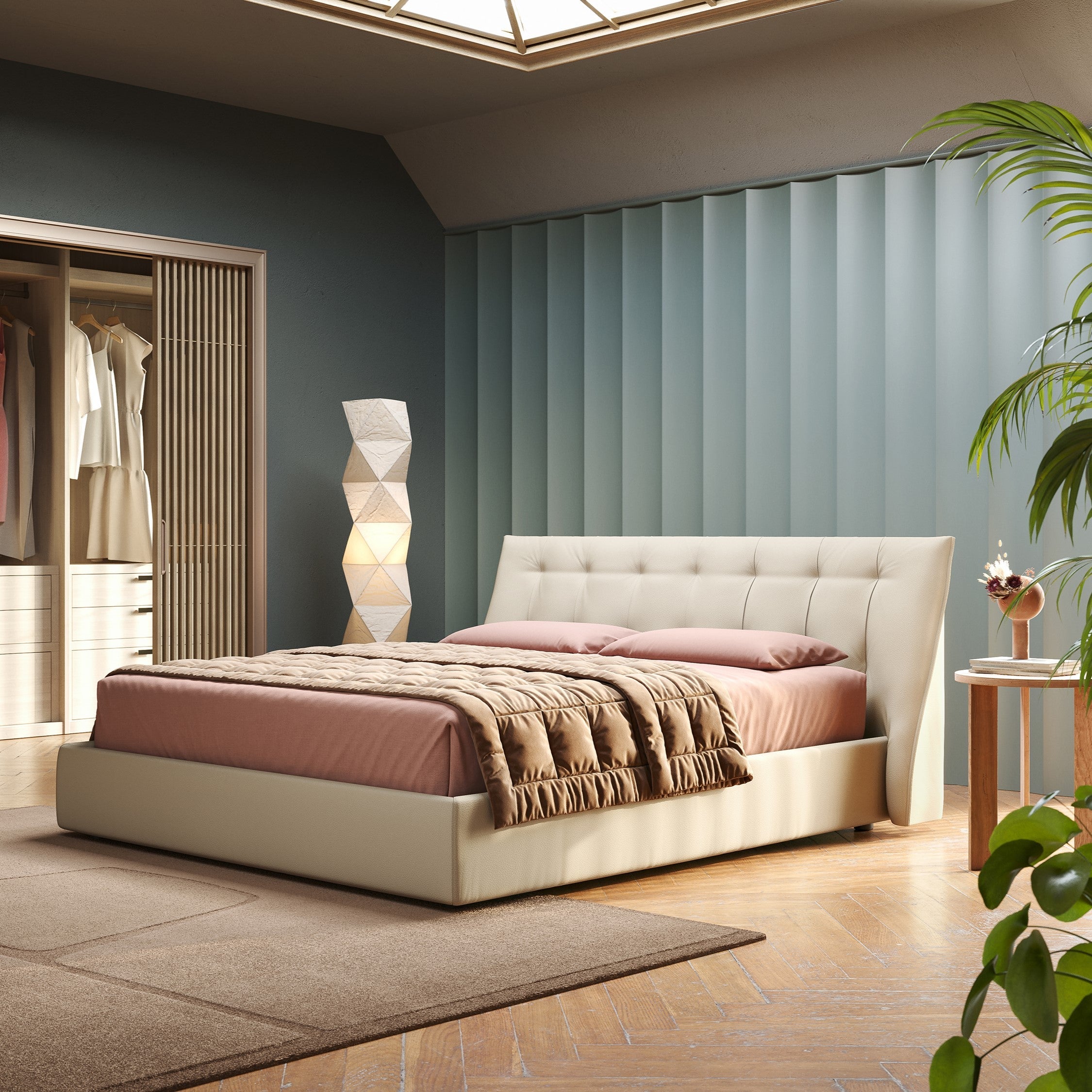 Clizia letto imbottito di design con vano contenitore in ecopelle impermeabile T04 panna - divitt.sbs