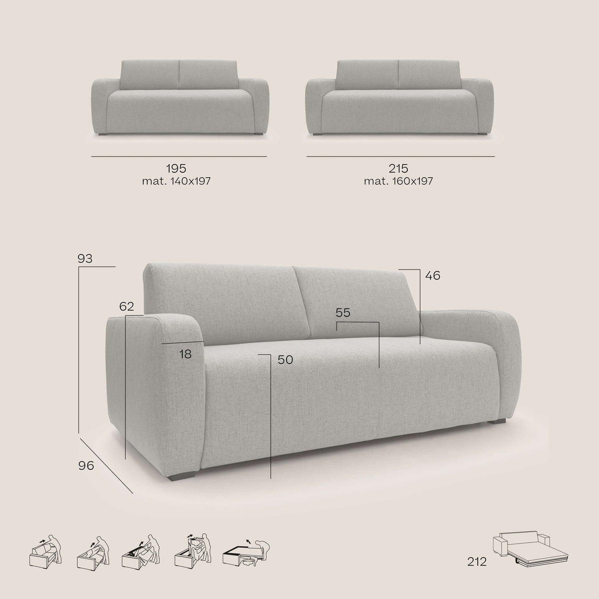 Duna Divano letto matrimoniale con materasso 20 cm in tessuto impermeabile T03 - divitt.sbs
