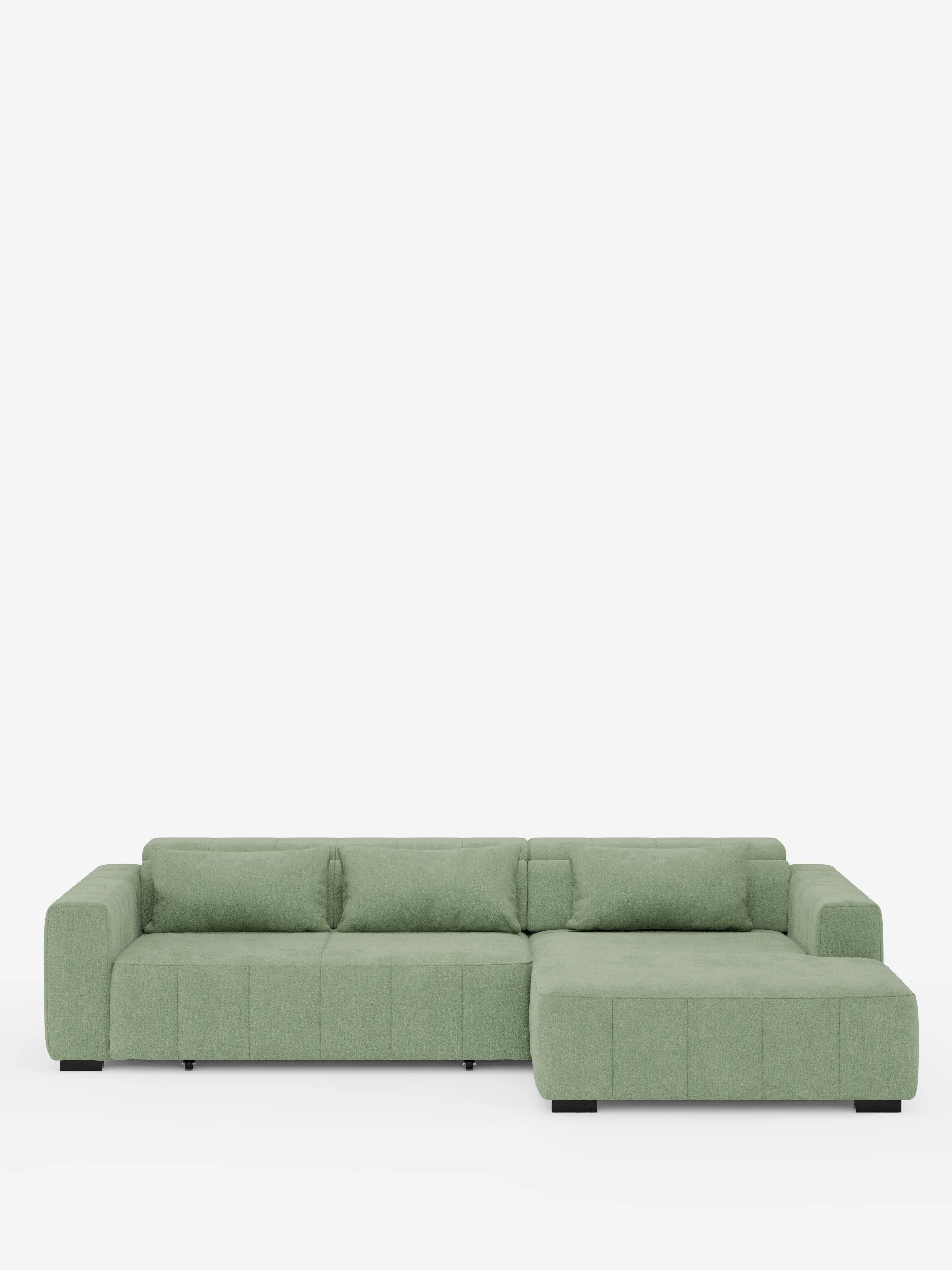 Vi presentiamo il divano angolare Doric con penisola e sedute allungabili con funzione relax elettrica di divitt.sbs: un moderno divano componibile verde chiaro con chaise longue sul lato destro, linee pulite e braccioli bassi e larghi. Caratterizzato da cuscini squadrati, poggiatesta regolabili e sedute relax allungabili elettricamente in tessuto T23 antimacchia, il divano poggia su piccoli piedini neri. Il suo design contemporaneo e il suo colore risaltano su uno sfondo bianco a tinta unita.