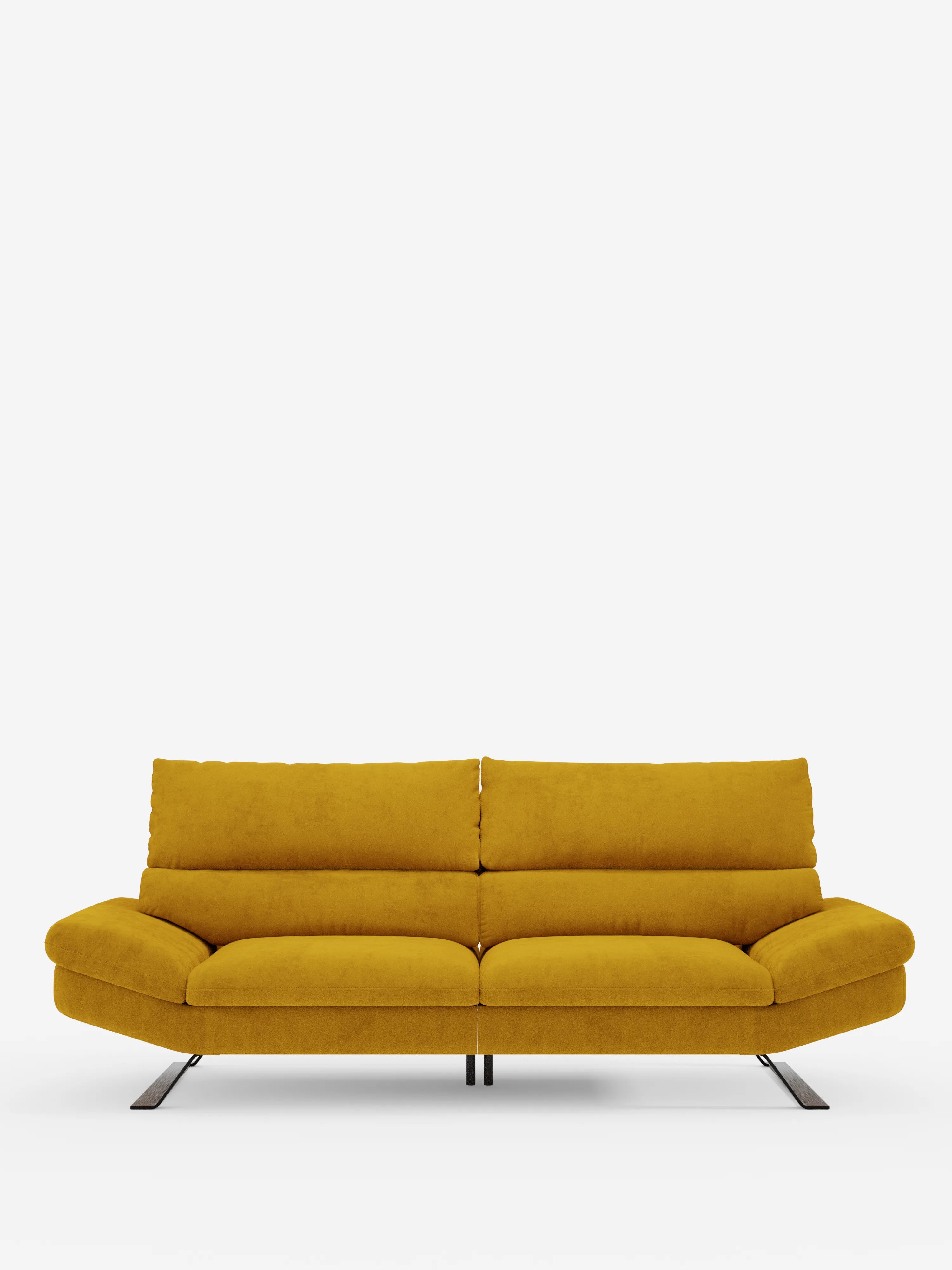 Su uno sfondo bianco a tinta unita, il divano Eclipse dal design moderno di divitt.sbs spicca con il suo vivace giallo senape. Questo divano contemporaneo, disponibile nella versione a 2 o 3 posti, è caratterizzato da morbidi cuscini, ampi braccioli, eleganti gambe alte in metallo su entrambi i lati e schienali traslanti, il tutto rivestito in microfibra T11, un tessuto elegante e facile da pulire. La sua silhouette orizzontale esalta il fascino elegante del divano.